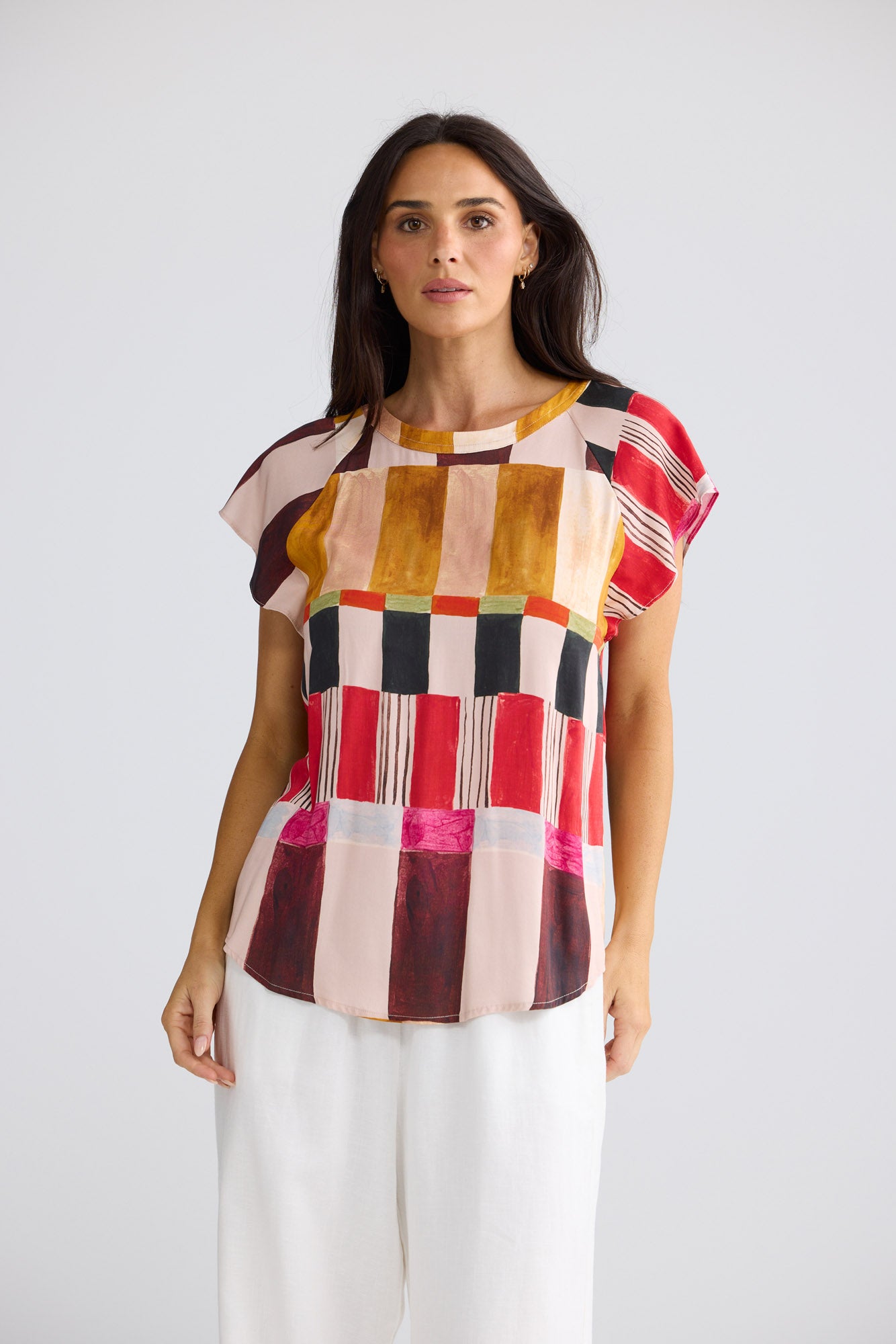 Model wearing Boulevard Top in Painterly Geo by Brave + True, view 3.