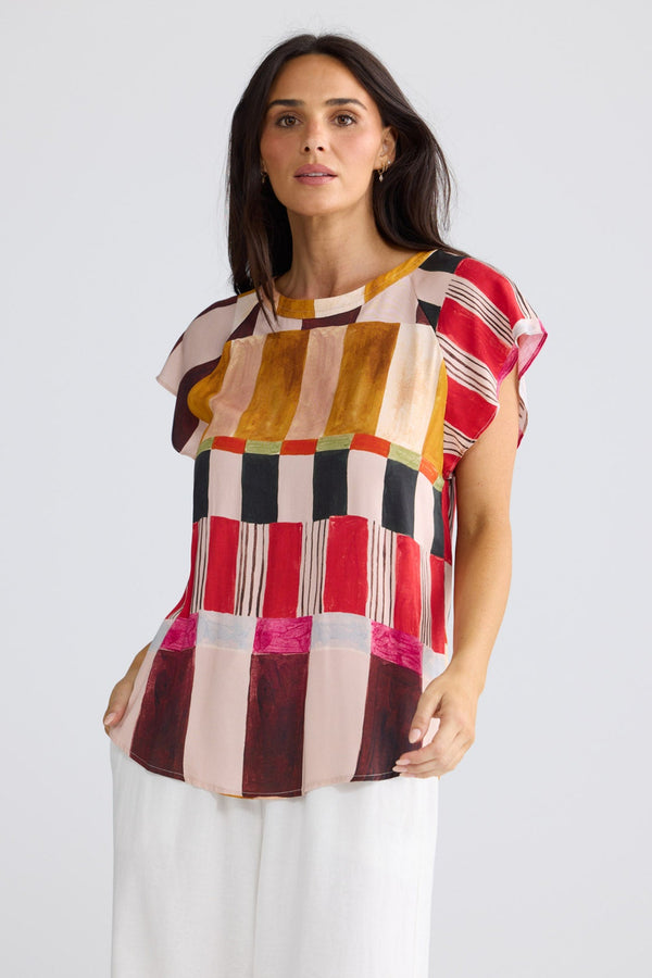 Model wearing Boulevard Top in Painterly Geo by Brave + True, view 2.