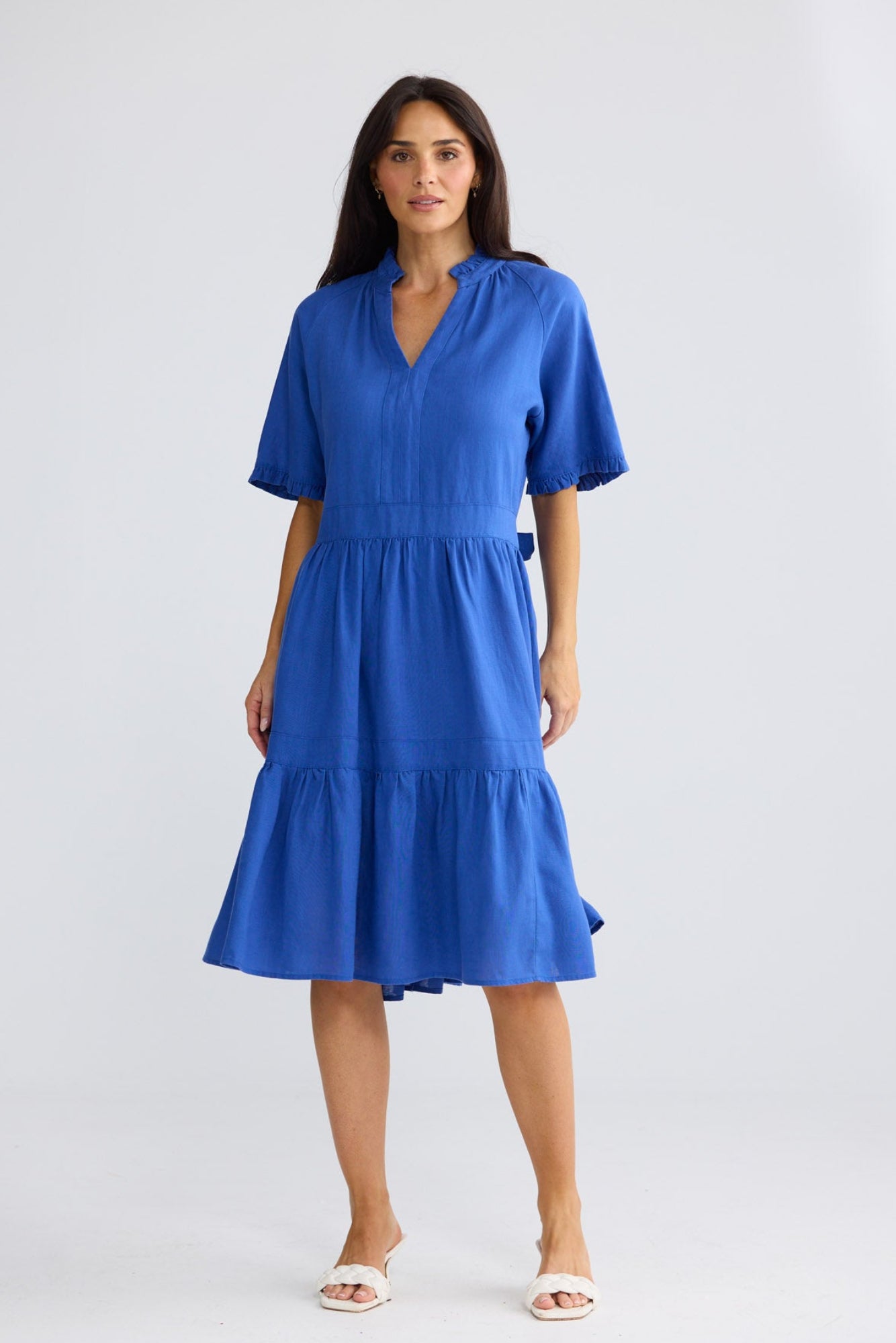 Model wearing Soiree Dress in Cobalt by Brave + True, view 3.