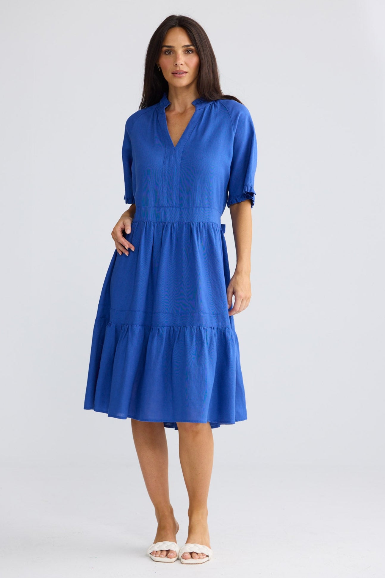 Model wearing Soiree Dress in Cobalt by Brave + True, view 2.