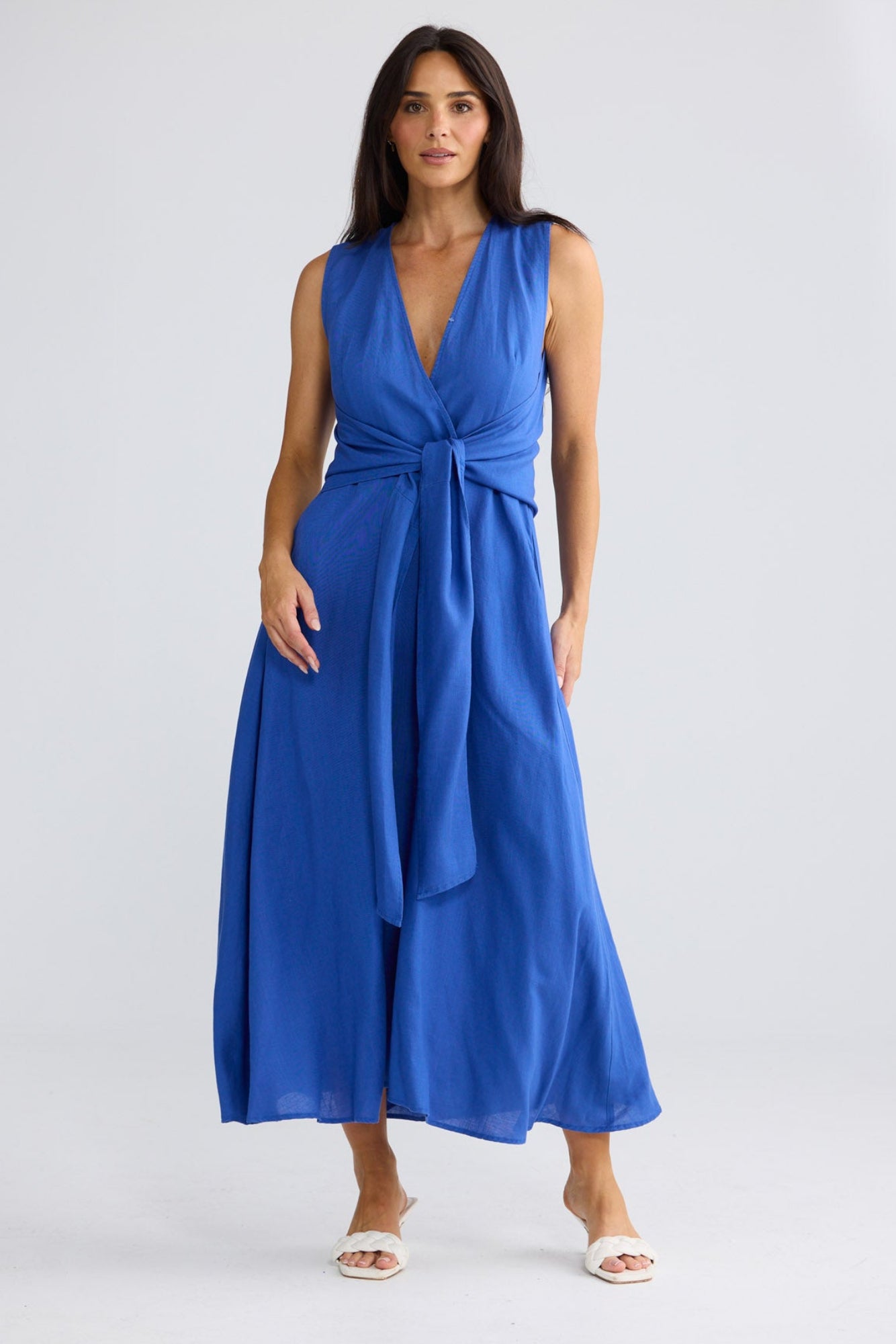 Model wearing Kelsey Dress in Cobalt by Brave + True, view 4.