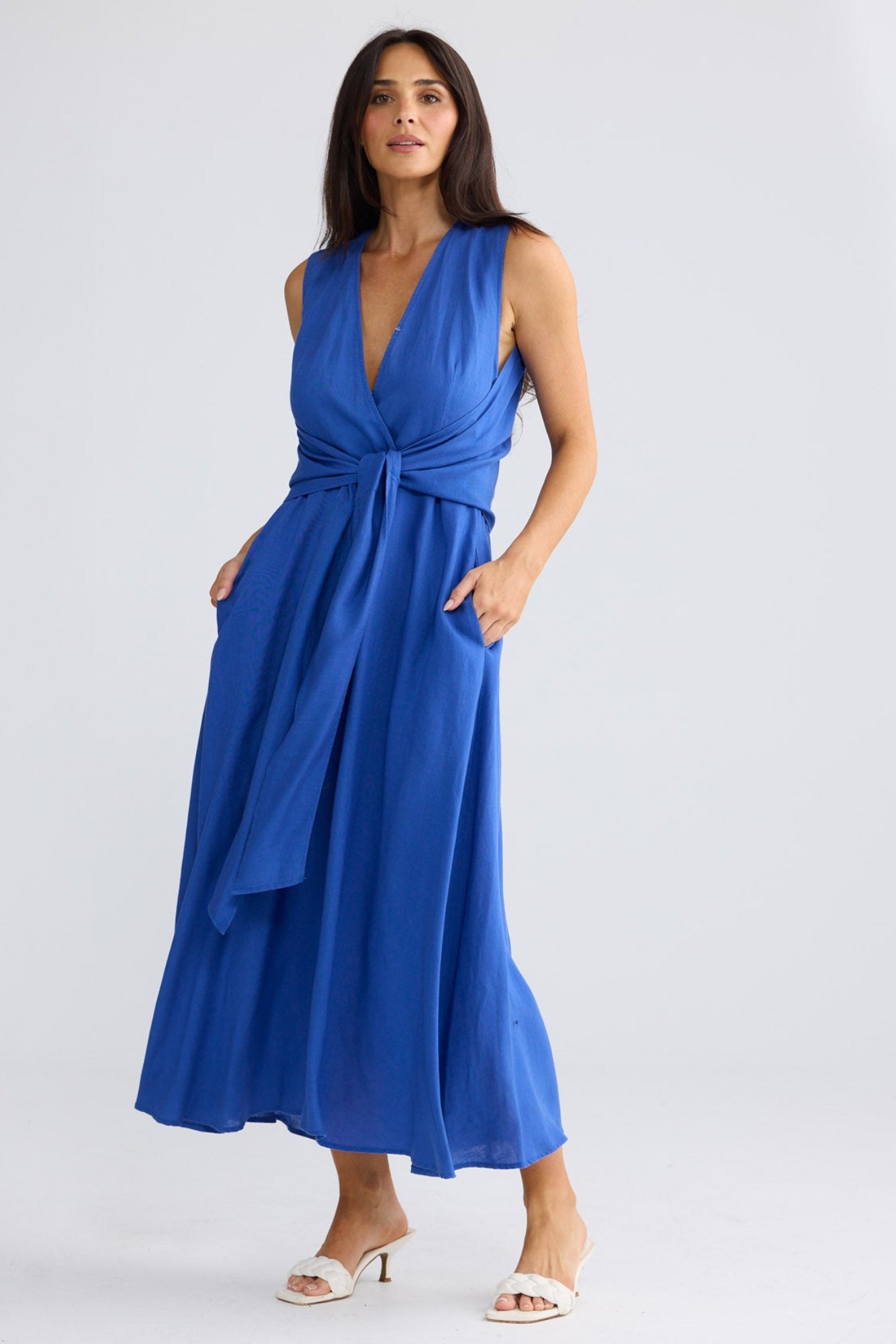Model wearing Kelsey Dress in Cobalt by Brave + True, view 3.