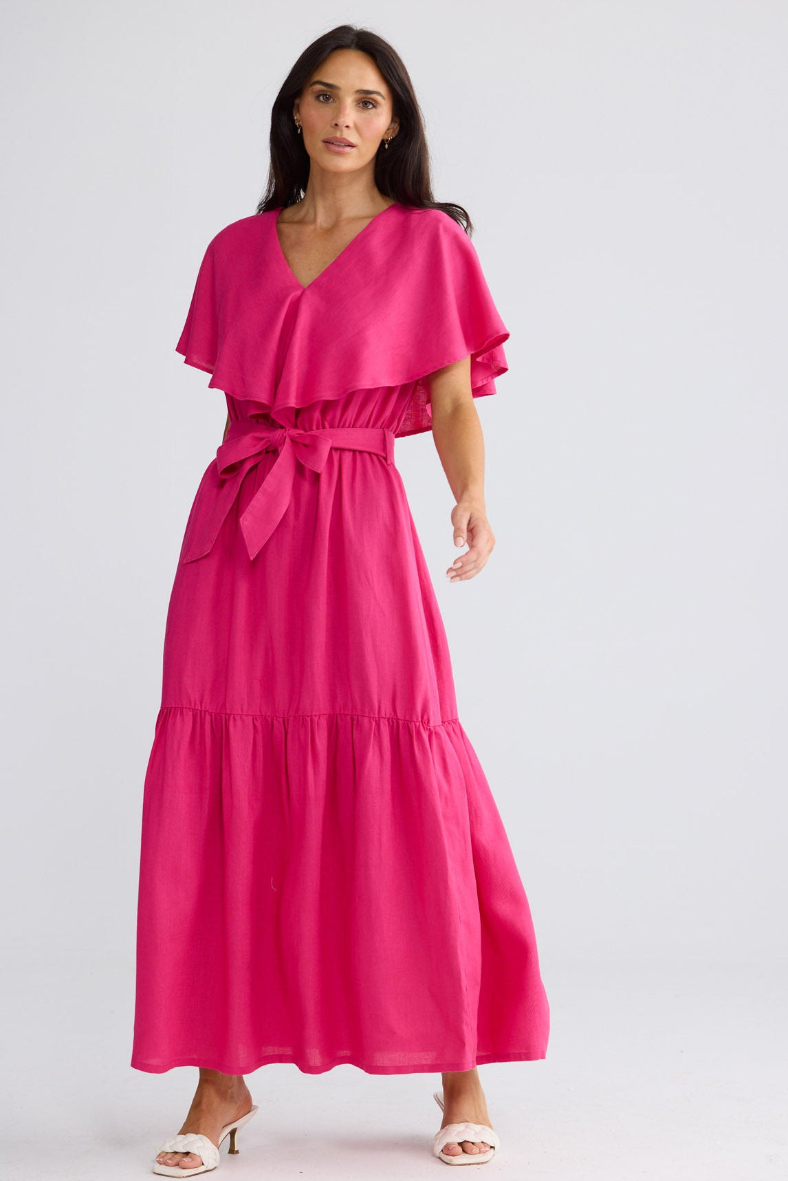 Model wearing Long Way Home Dress in Fuchsia by Brave + True, view 5.