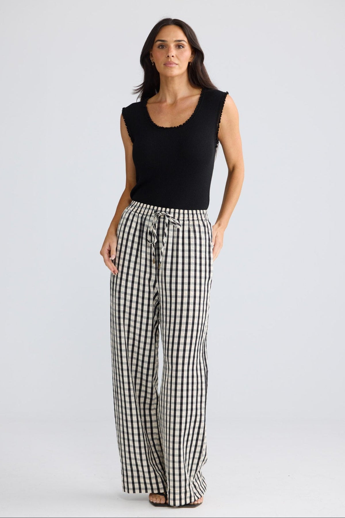 Model wearing Jude Pant in Black Gingham by Brave + True, view 3.