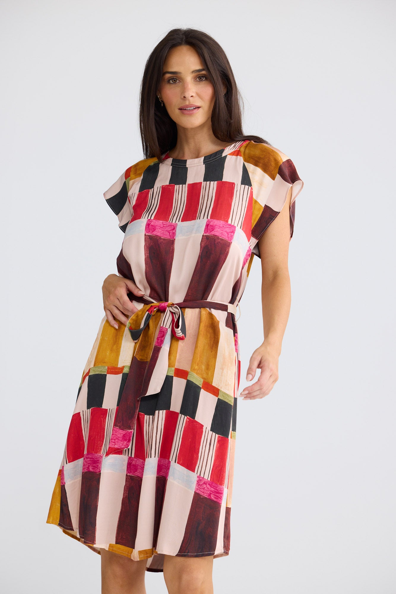 Model wearing Boulevard Short Dress in Painterly Geo by Brave + True, view 2.