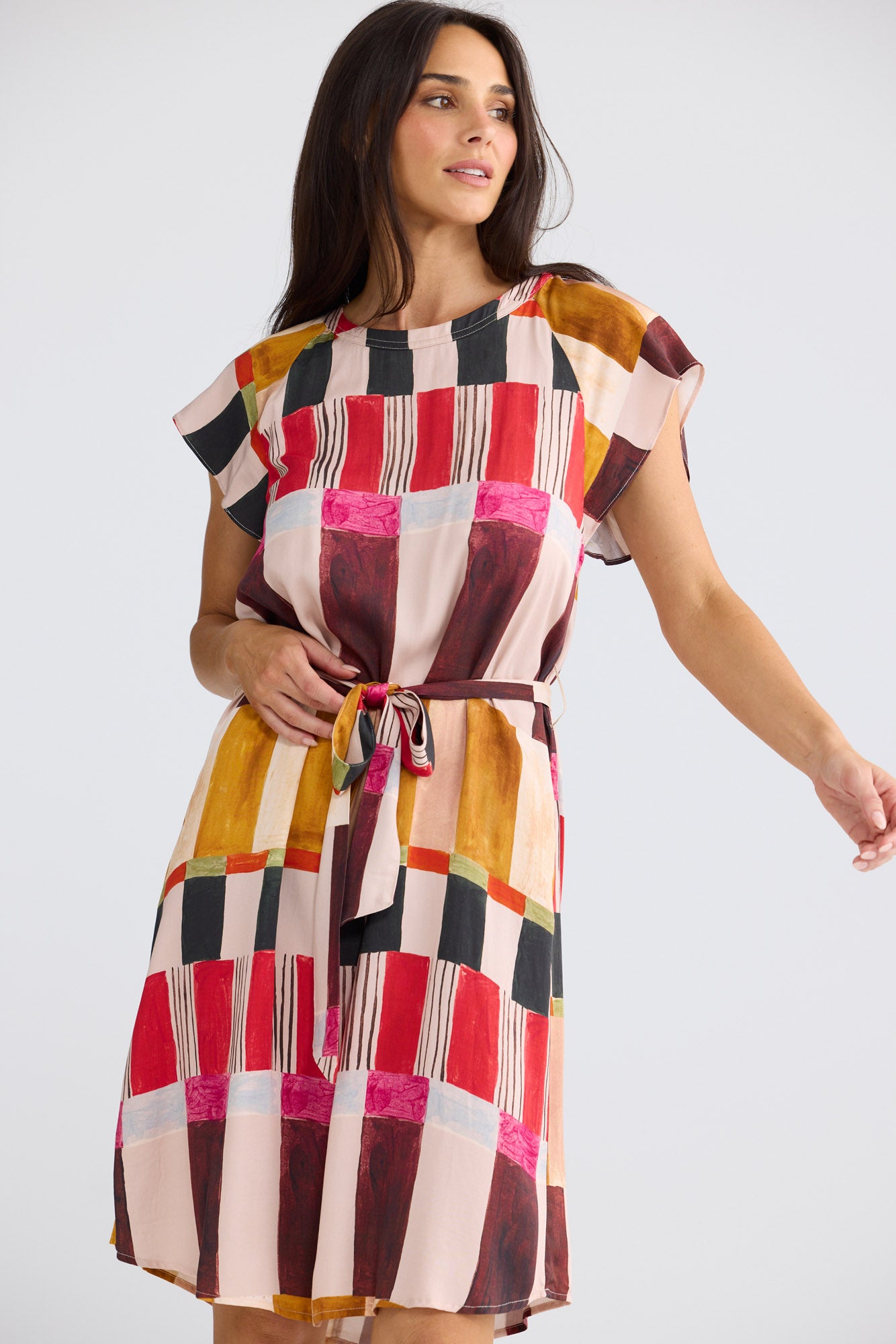 Model wearing Boulevard Short Dress in Painterly Geo by Brave + True, view 6.