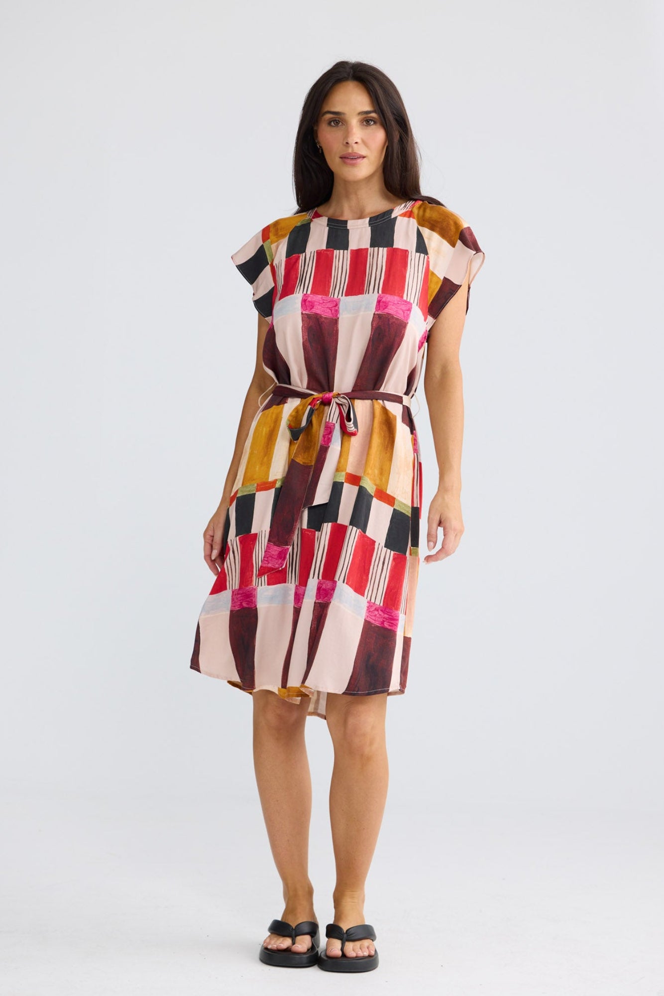 Model wearing Boulevard Short Dress in Painterly Geo by Brave + True, view 5.
