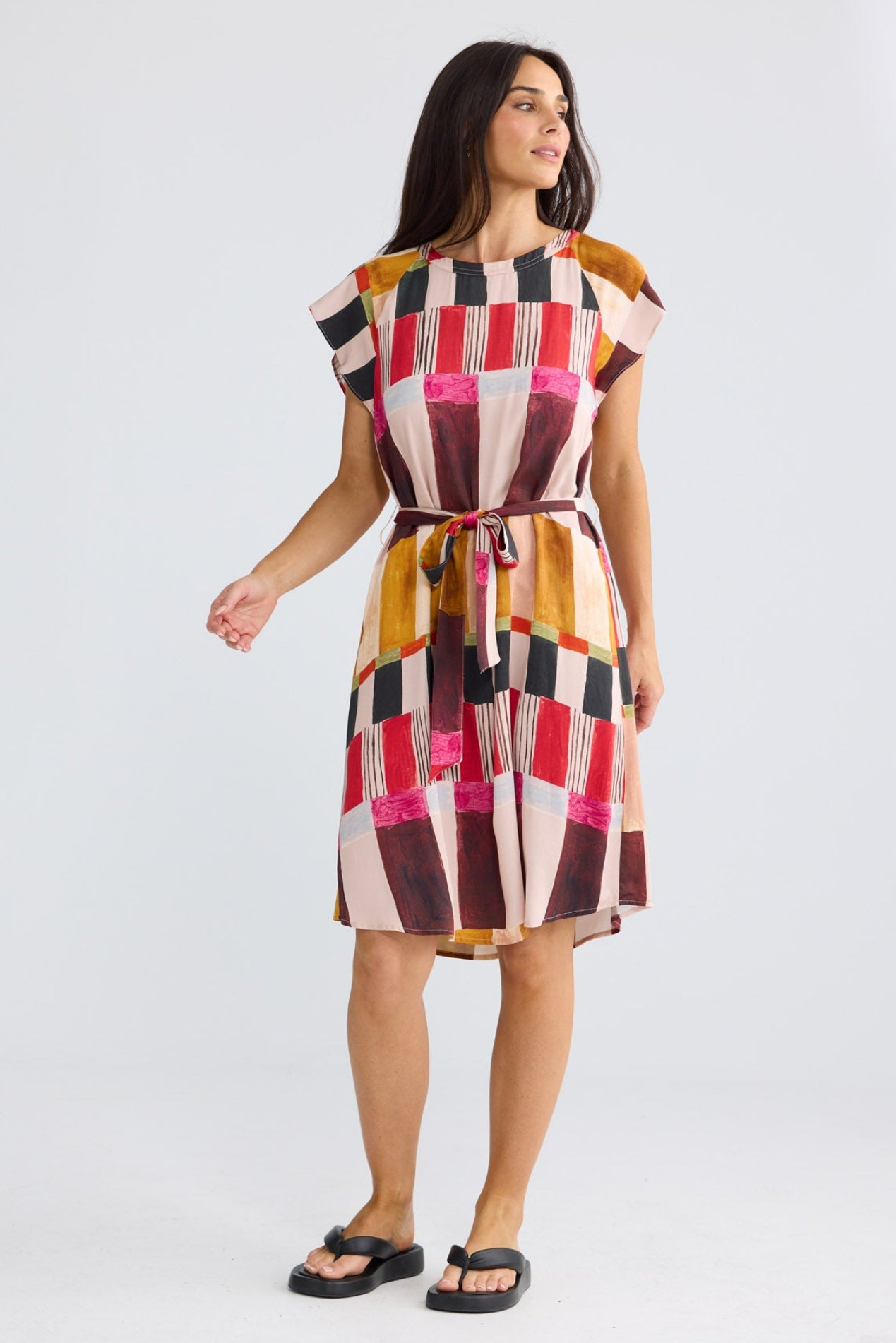 Model wearing Boulevard Short Dress in Painterly Geo by Brave + True, view 4.