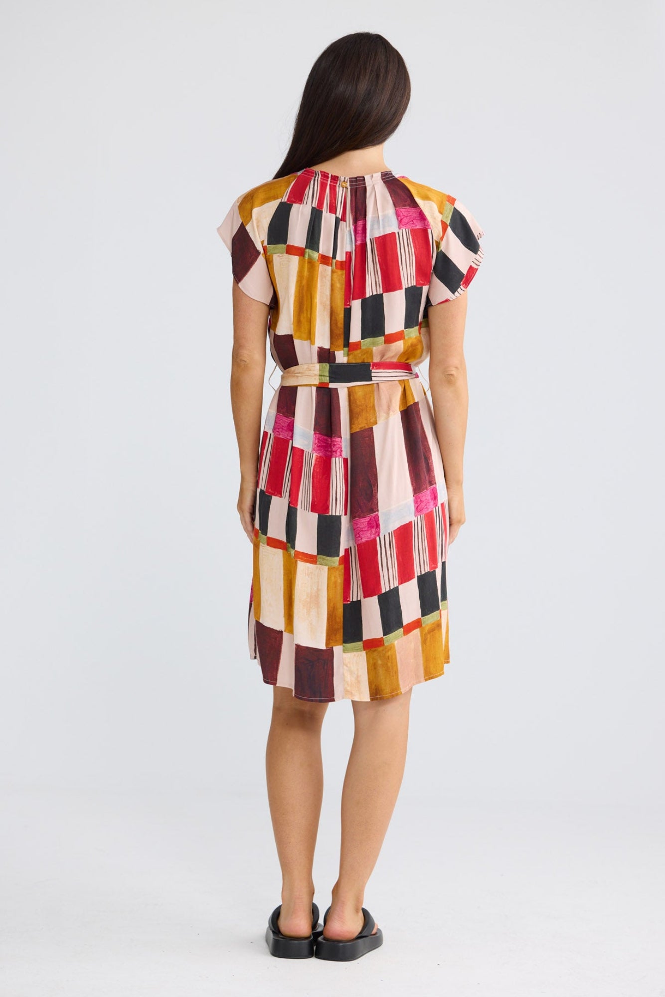 Model wearing Boulevard Short Dress in Painterly Geo by Brave + True, view 3.