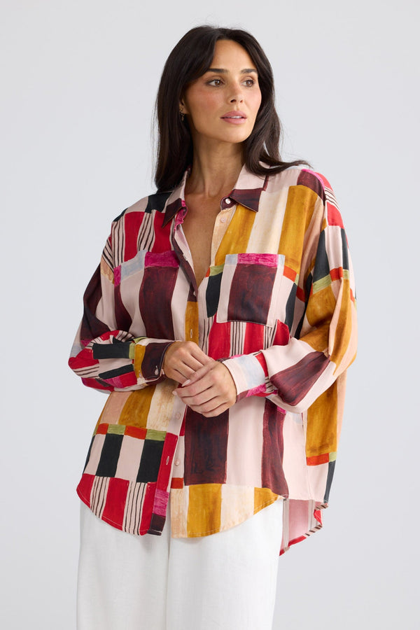 Model wearing Glenda Shirt in Painterly Geo by Brave + True, view 3.