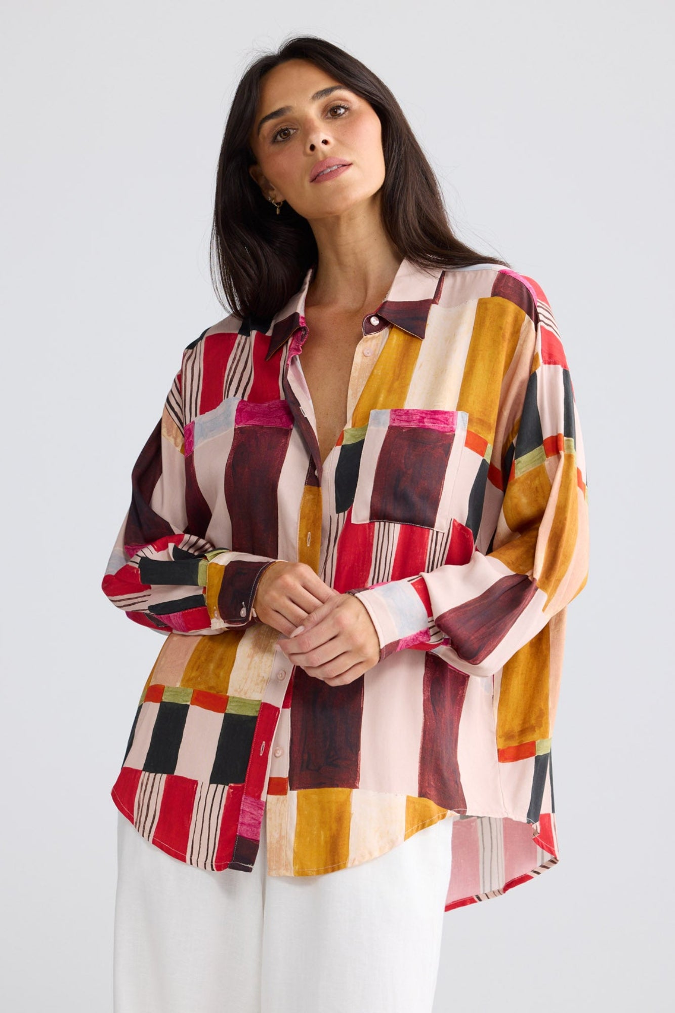 Model wearing Glenda Shirt in Painterly Geo by Brave + True, view 2.