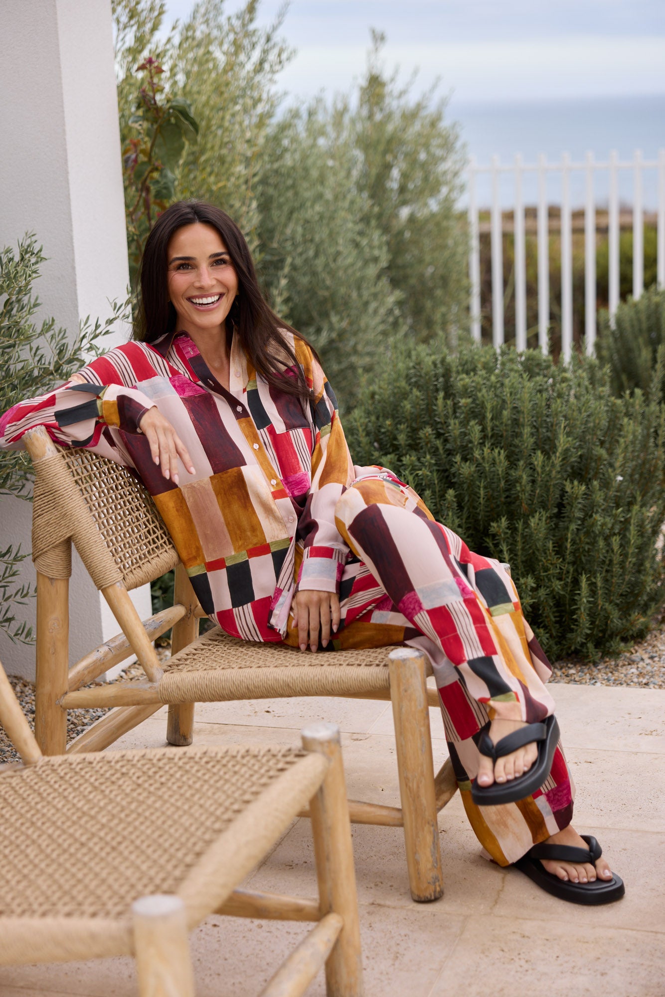 Model styling Glenda Shirt in Painterly Geo by Brave + True, campaign lifestyle look 2.