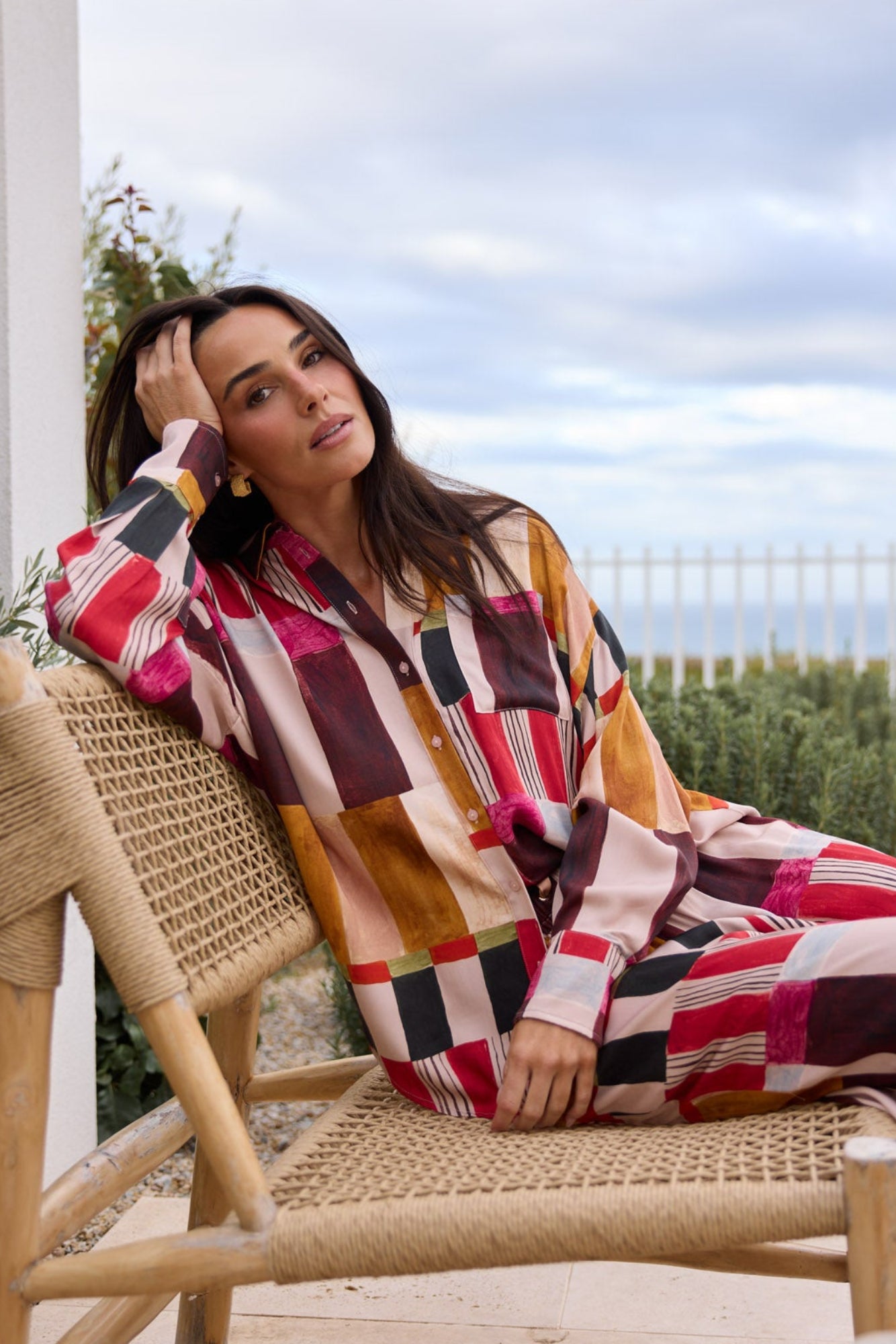 Model styling Glenda Shirt in Painterly Geo by Brave + True, campaign lifestyle look 3.