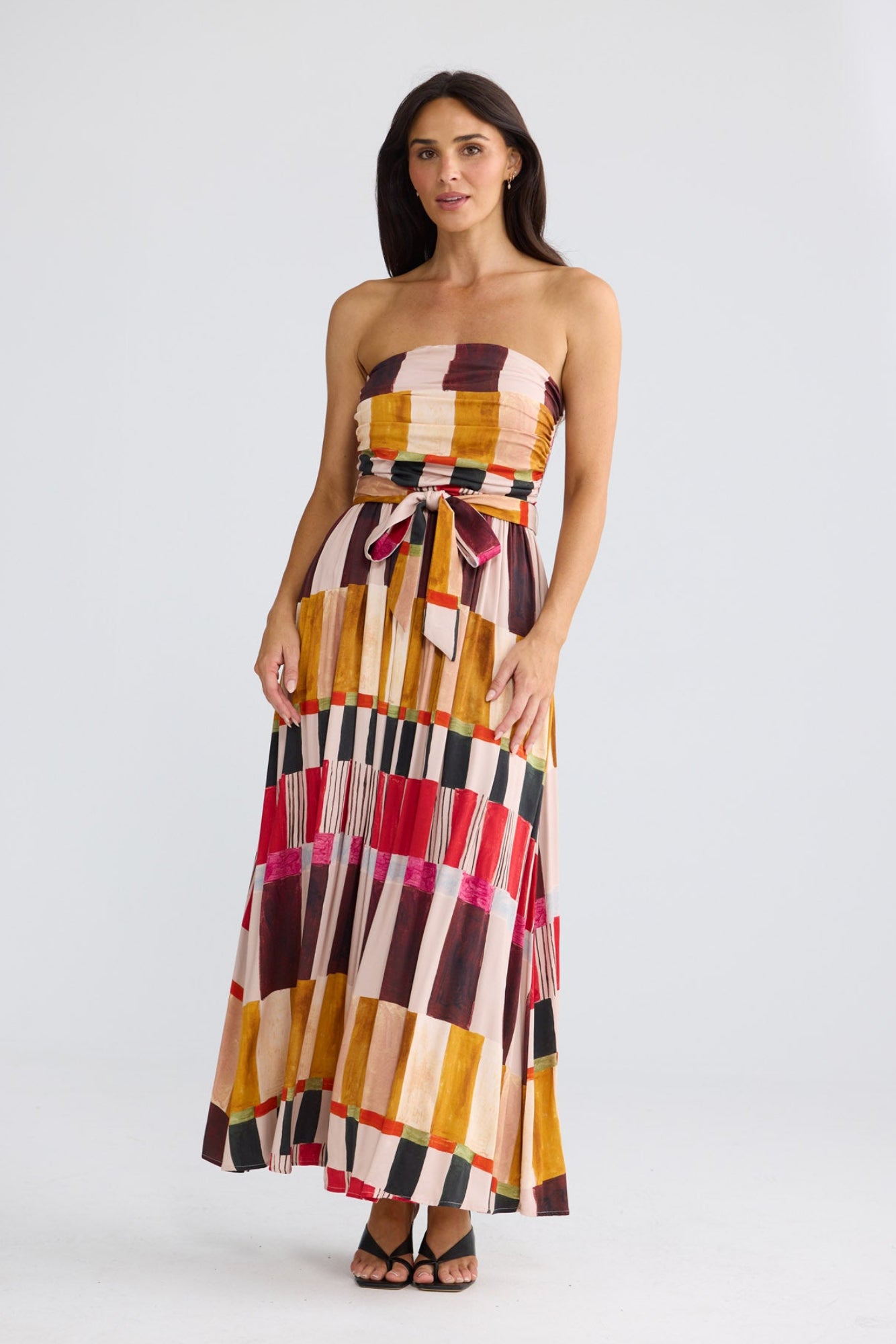 Model wearing Avalon Dress in Painterly Geo by Brave + True, view 2.