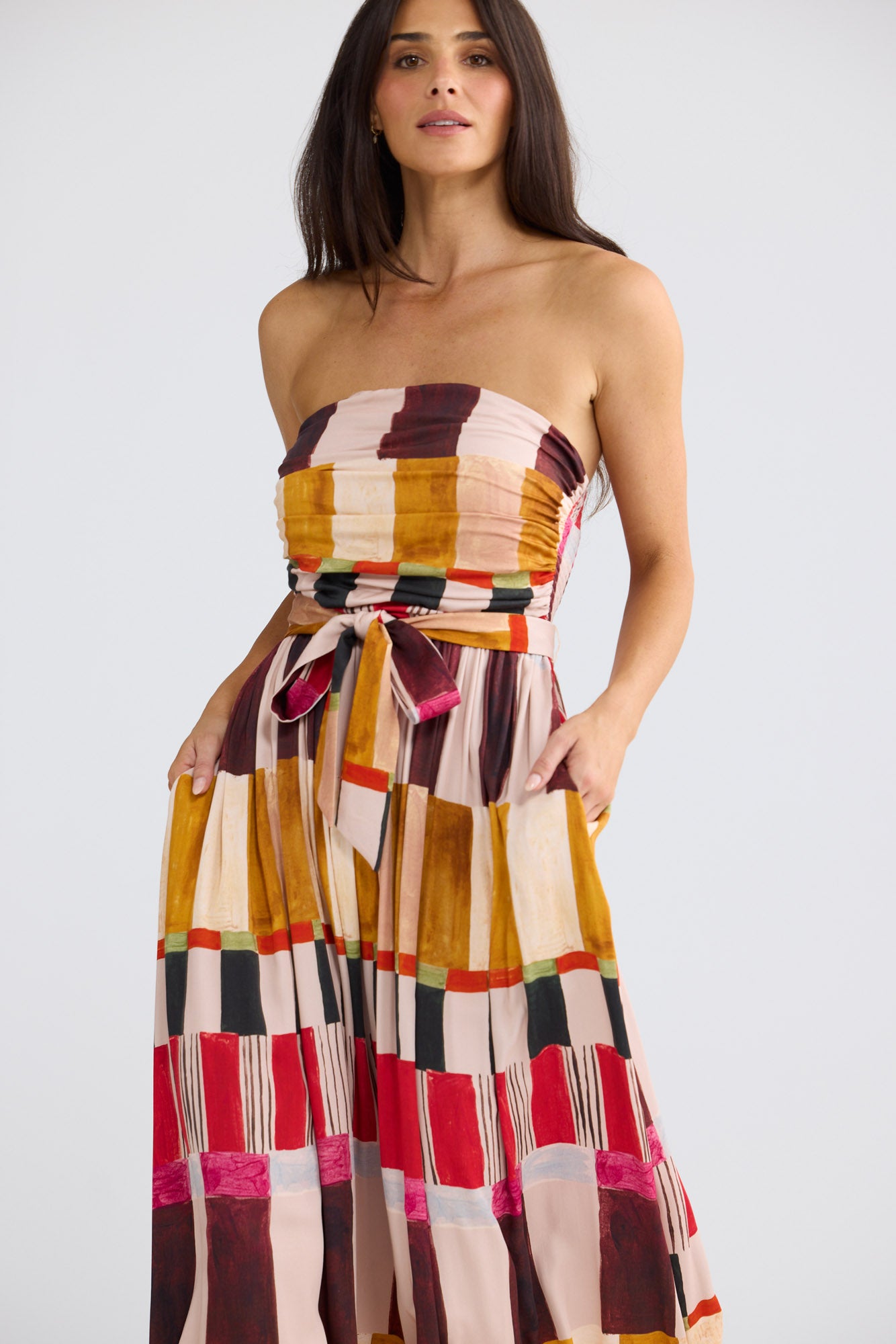 Model wearing Avalon Dress in Painterly Geo by Brave + True, view 3.
