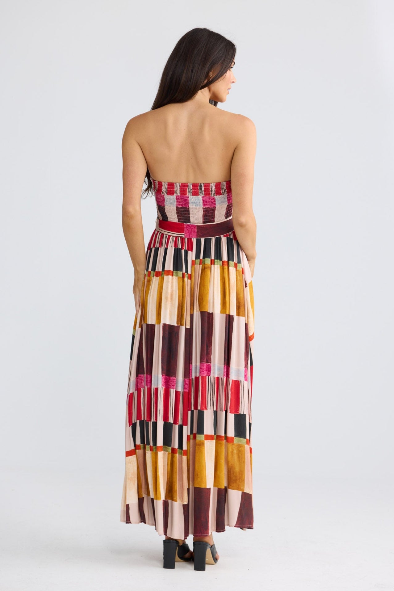 Model wearing Avalon Dress in Painterly Geo by Brave + True, view 4.