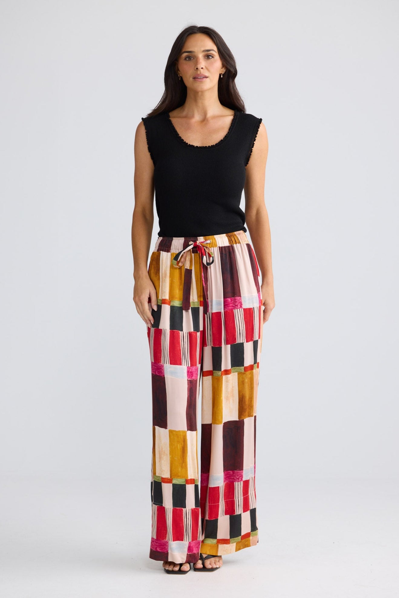 Model wearing Astrid Pant in Painterly Geo by Brave + True, view 3.
