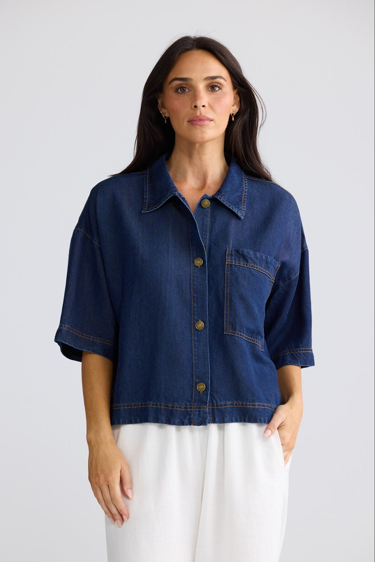 Model wearing Barrymore Shirt in Indigo by Brave + True, view 2.