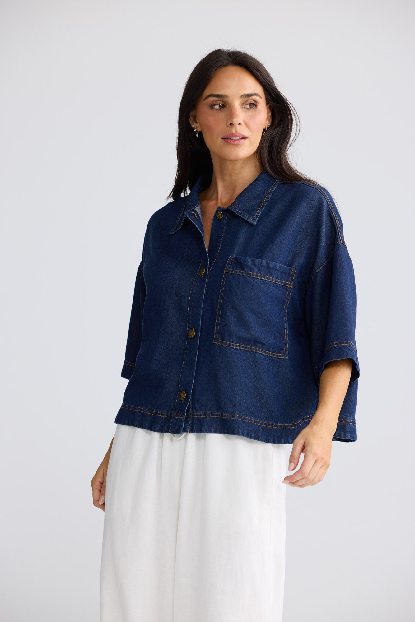 Model wearing Barrymore Shirt in Indigo by Brave + True, view 3.
