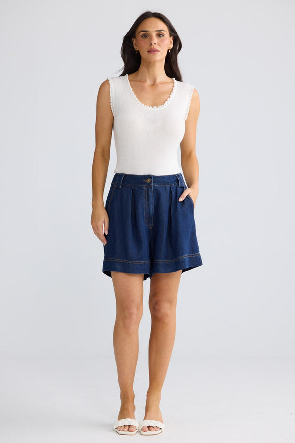 Model wearing Barrymore Short in indigo by Brave + True, front view showing wide-leg shorts.