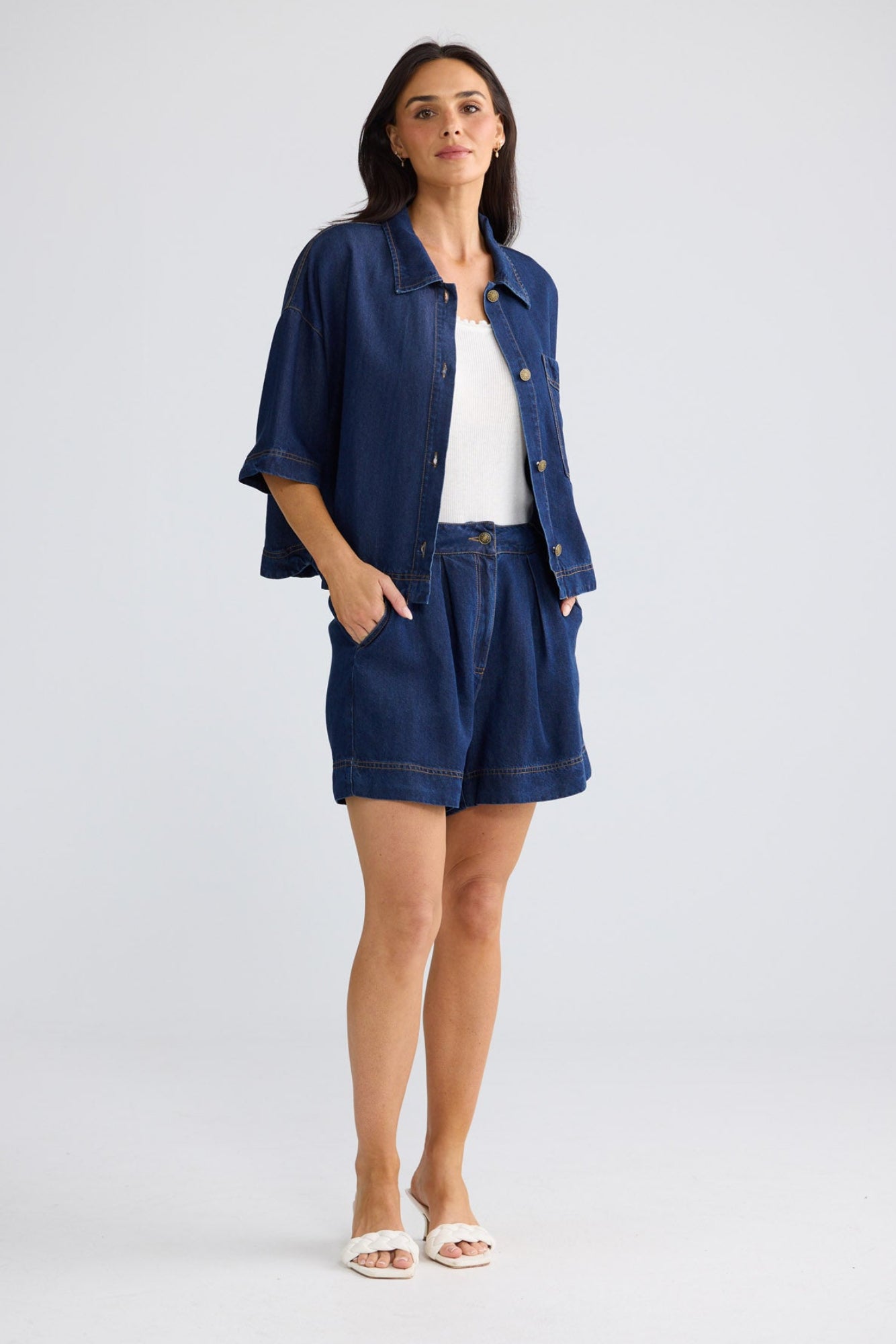 Model wearing Barrymore Short in Indigo by Brave + True, view 4.