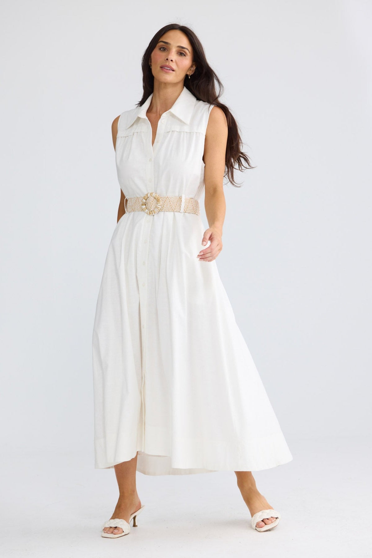 Model wearing Alexis Dress in Porcelain by Brave + True, view 2.