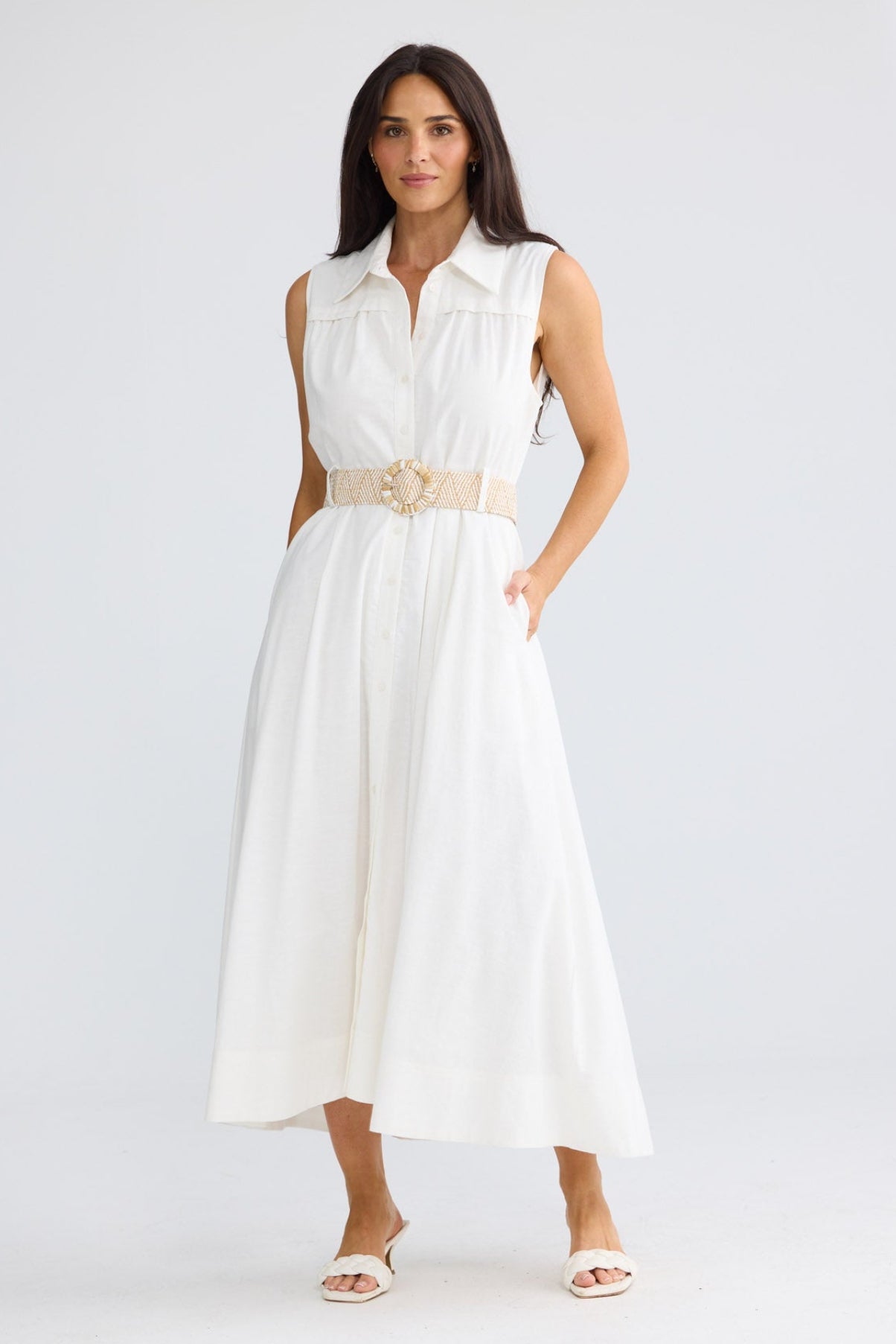Model wearing Alexis Dress in Porcelain by Brave + True, view 3.