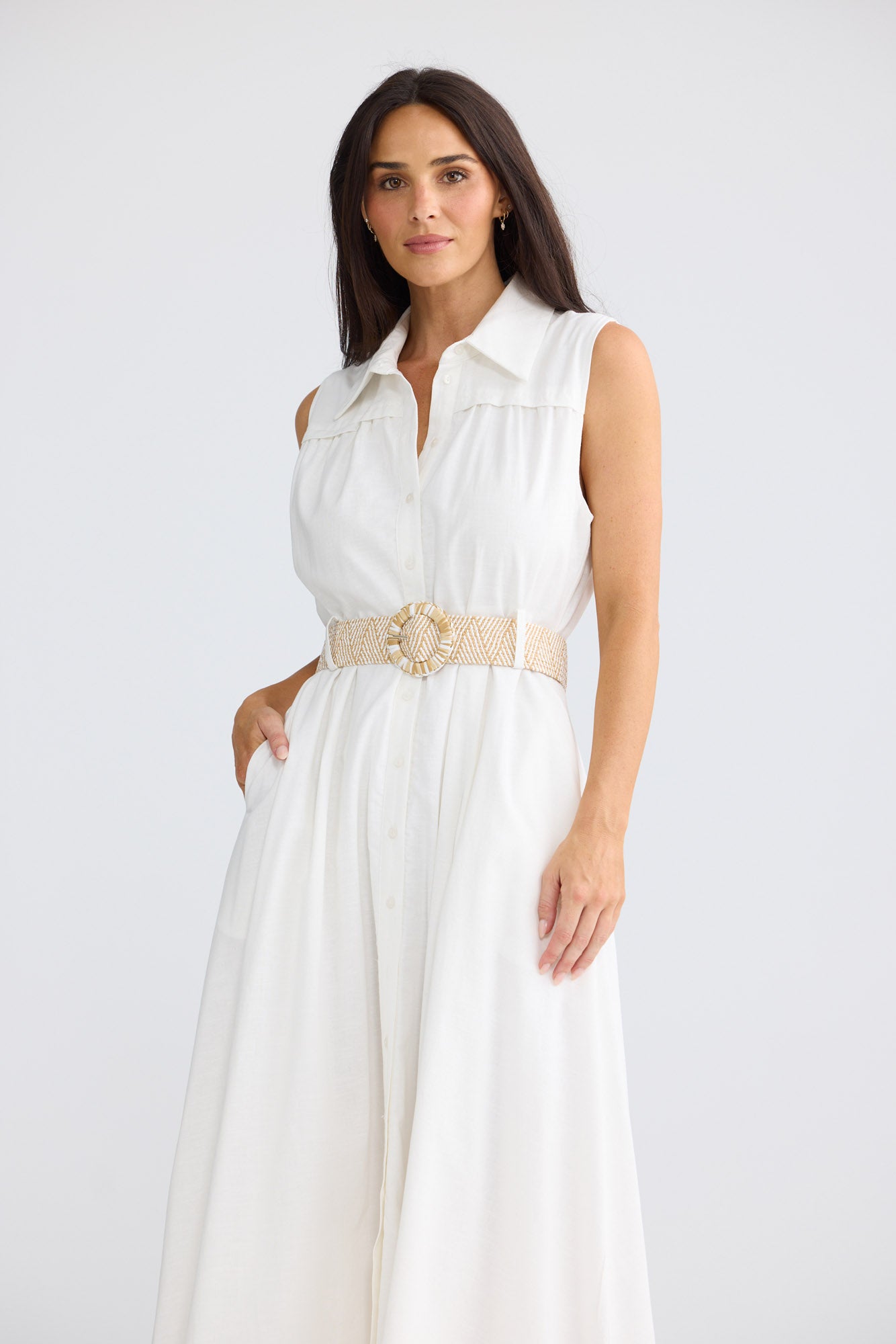Model wearing Alexis Dress in Porcelain by Brave + True, view 4.