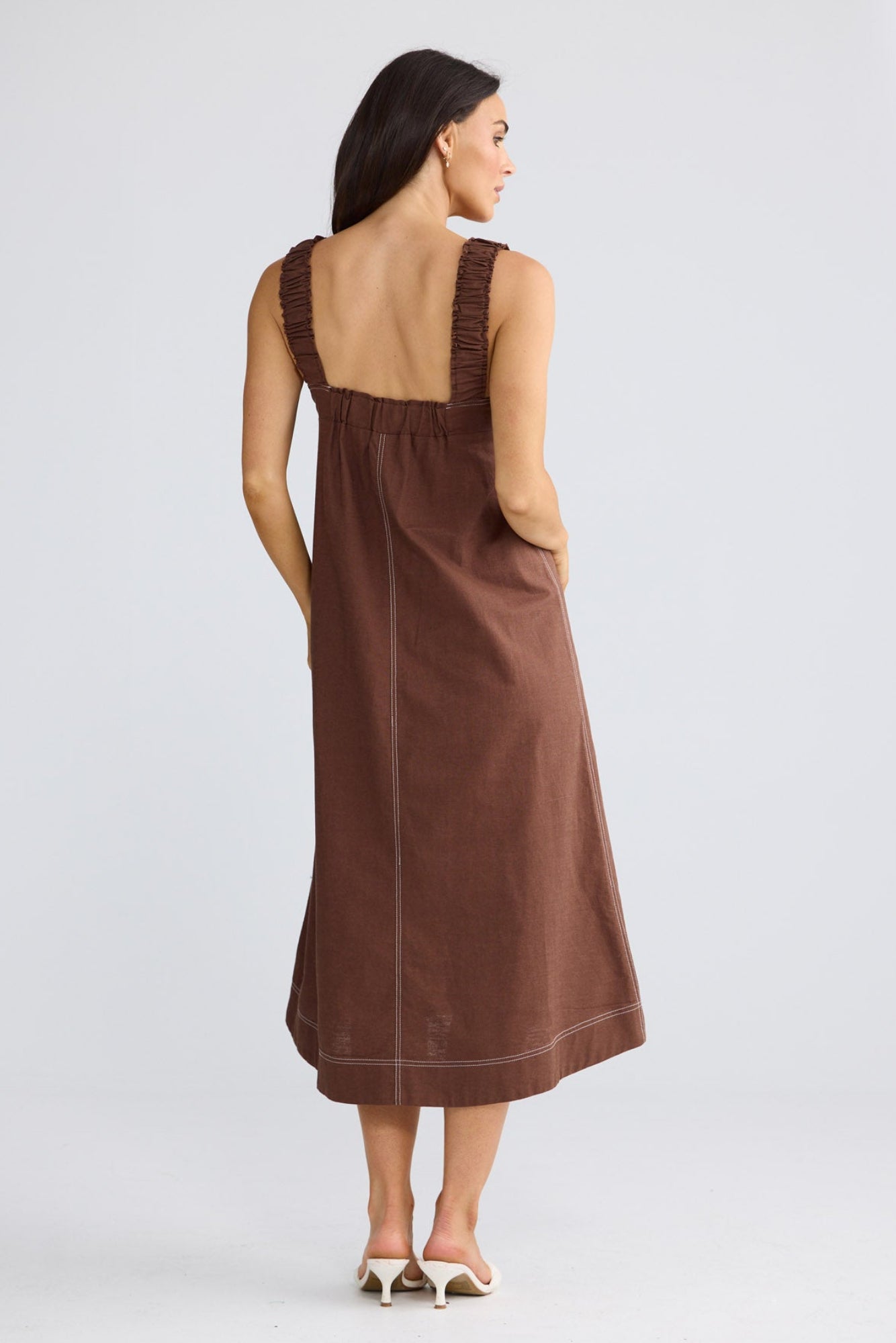 Model wearing Megan Dress in Coffee by Brave + True, view 3.