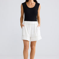 Model wearing Esplanade Short in Porcelain by Brave + True, view 3.