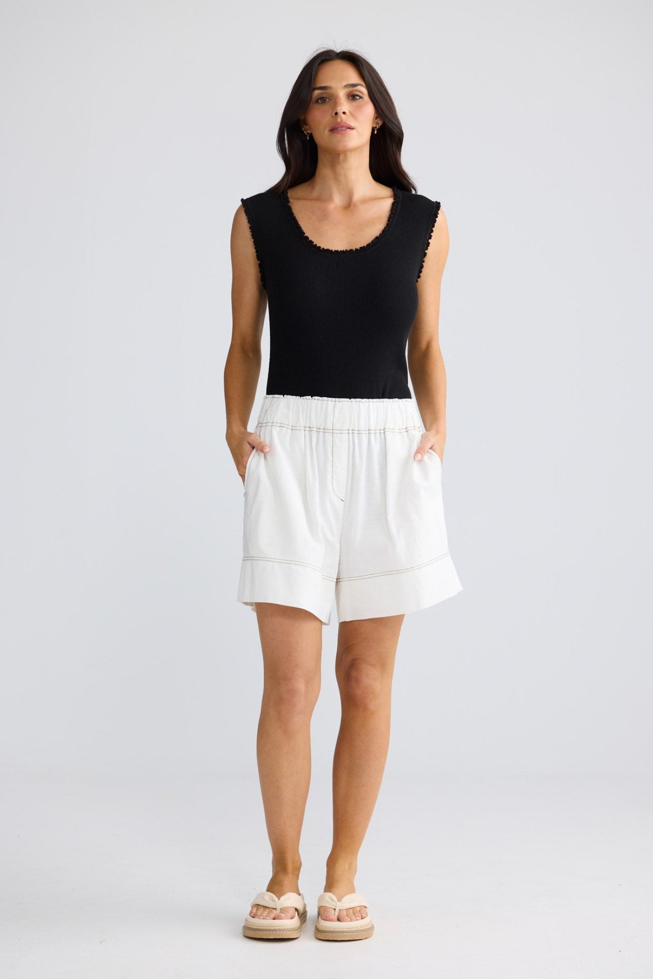 Model wearing Esplanade Short in Porcelain by Brave + True, view 3.