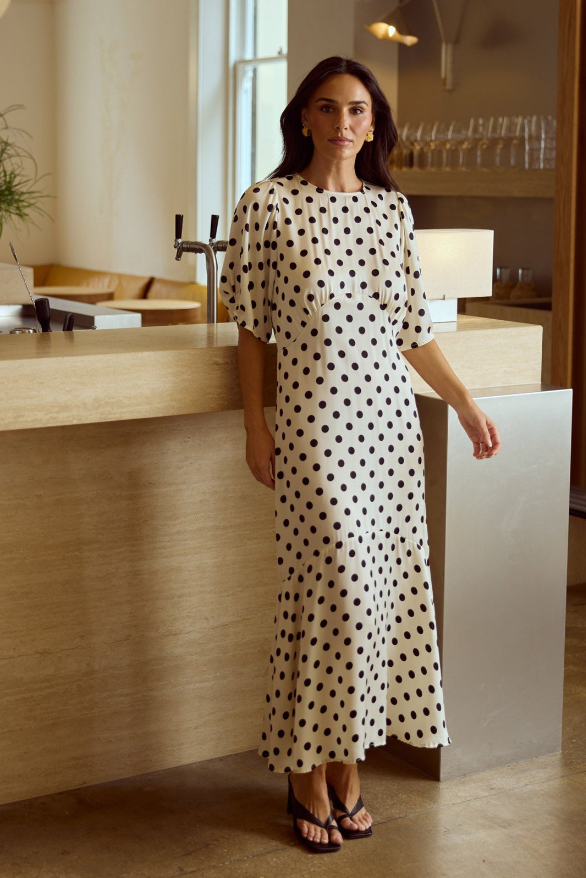 Model styling Jocelyn Dress in Ivory Spot by Brave + True, campaign lifestyle look 2.