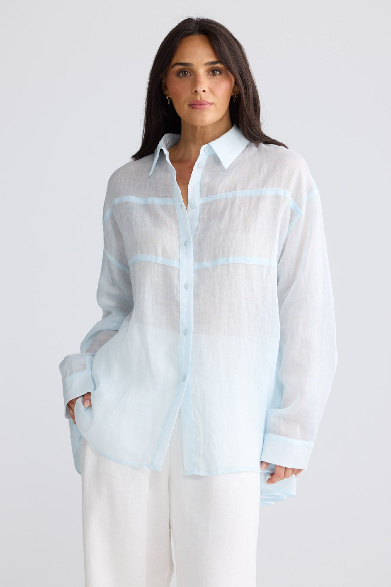 Model wearing Louis Shirt in Powder Blue by Brave + True, view 3.