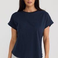 Model wearing Sandra Tee in Navy by Brave + True, view 4.