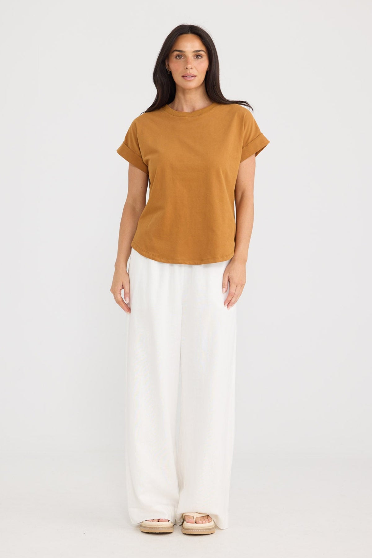 Model wearing Sandra Tee in Taupe by Brave + True, view 2.