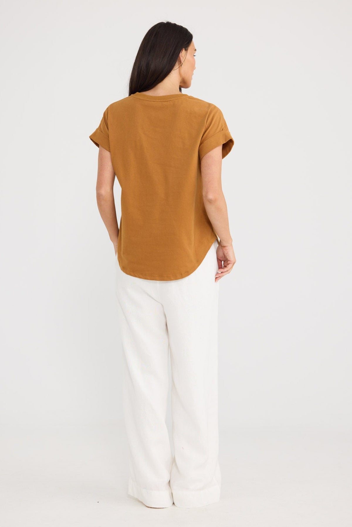 Model wearing Sandra Tee in Taupe by Brave + True, view 3.