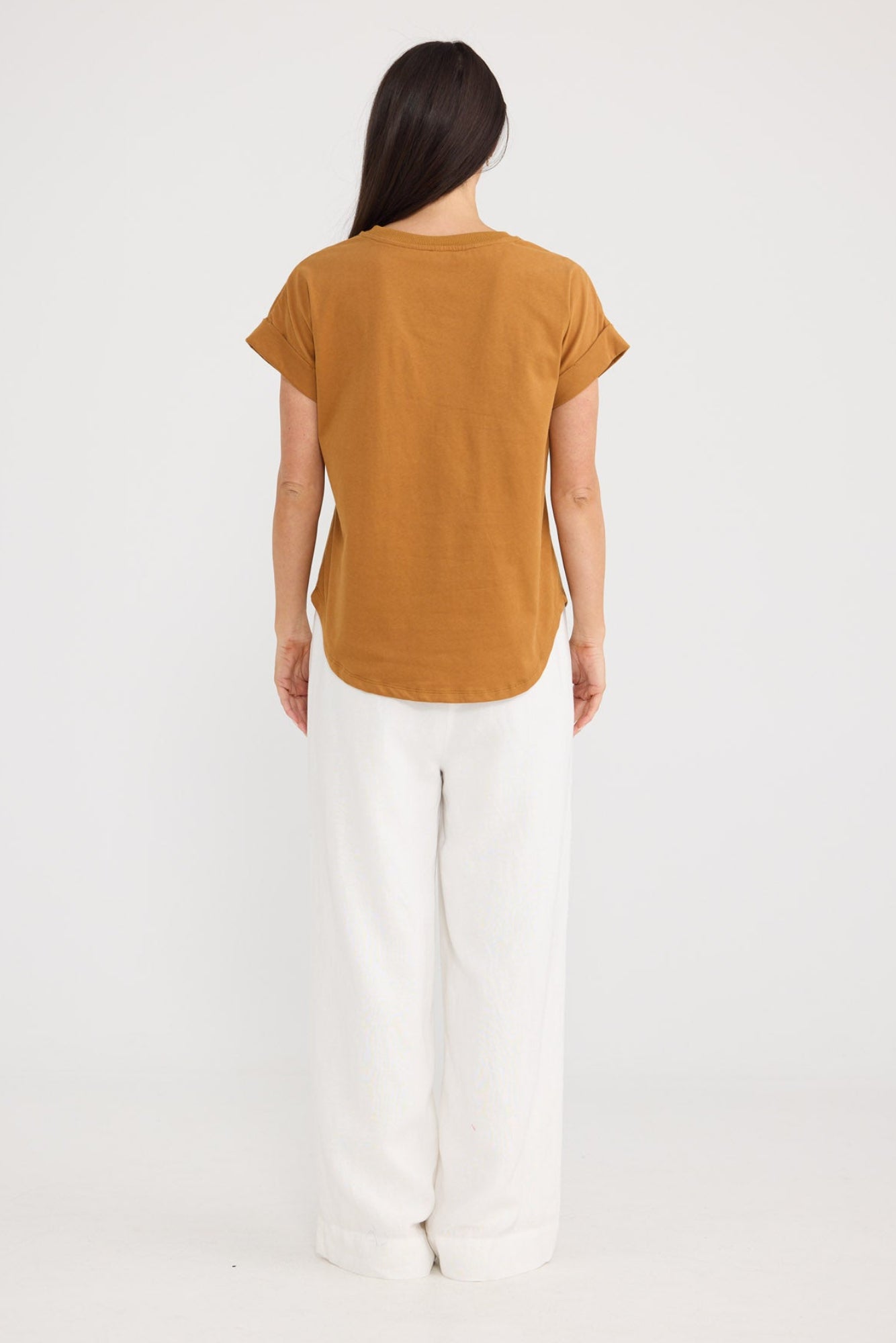 Model wearing Sandra Tee in Taupe by Brave + True, view 4.