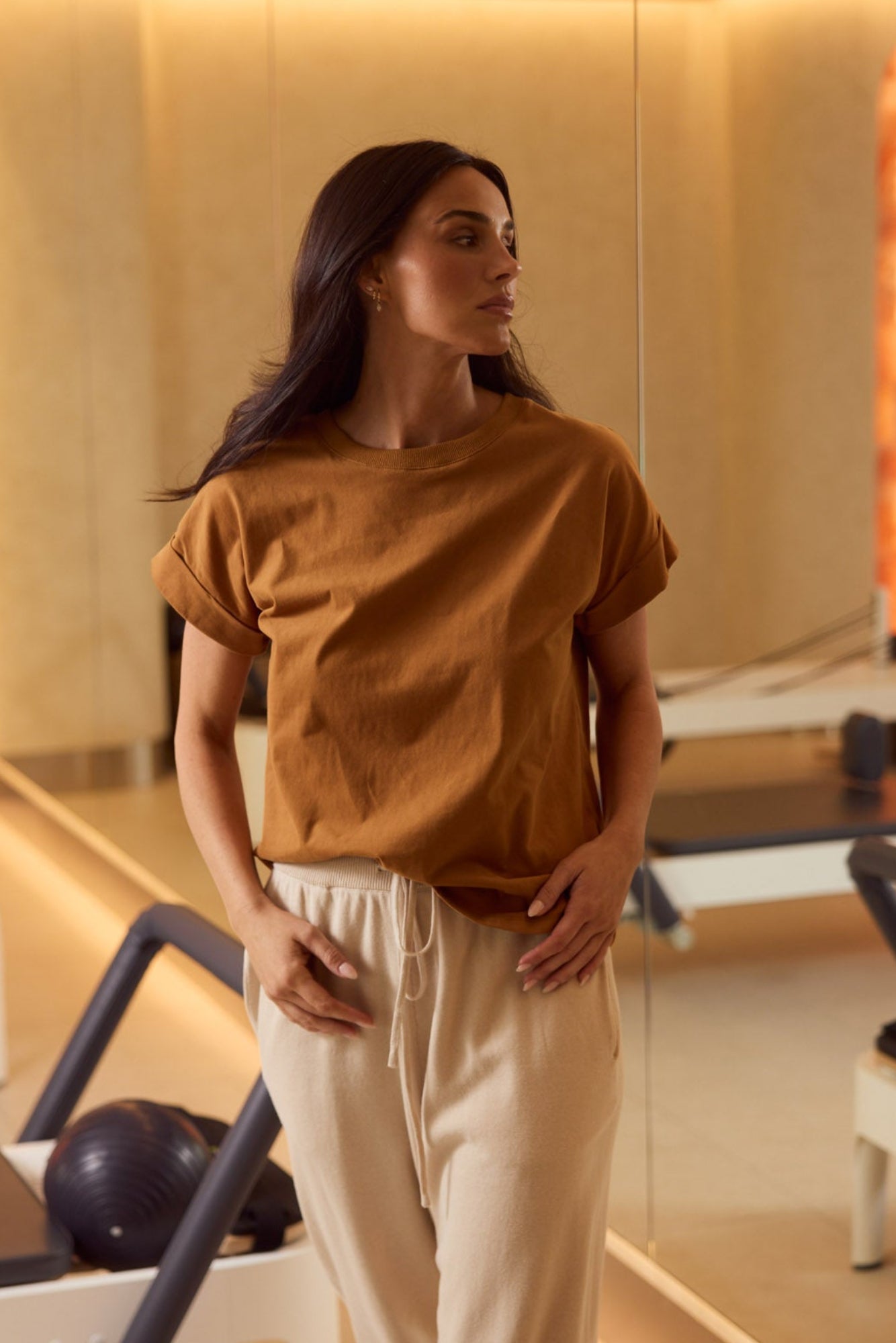 Model styling Sandra Tee in Taupe by Brave + True, campaign lifestyle look 2.