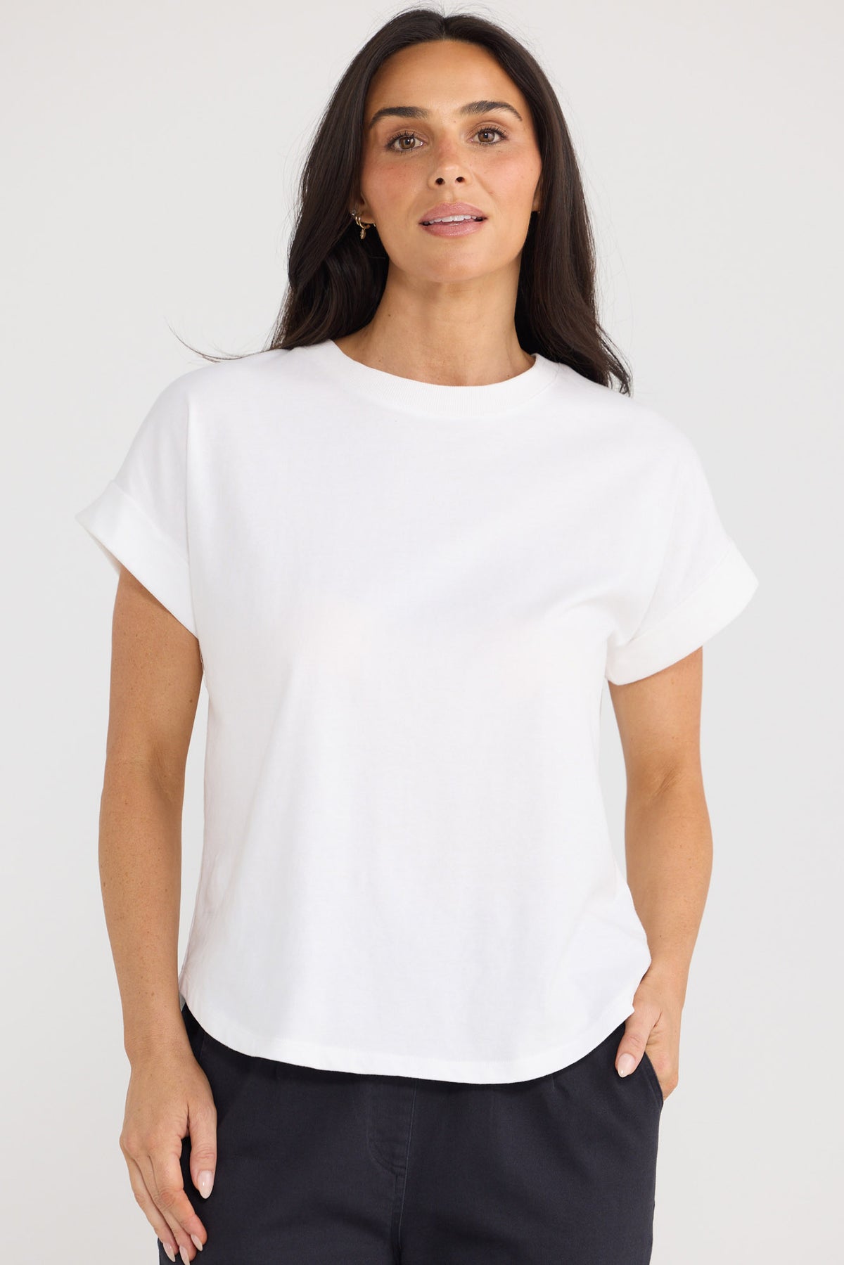Model wearing Sandra Tee in White by Brave + True, view 4.