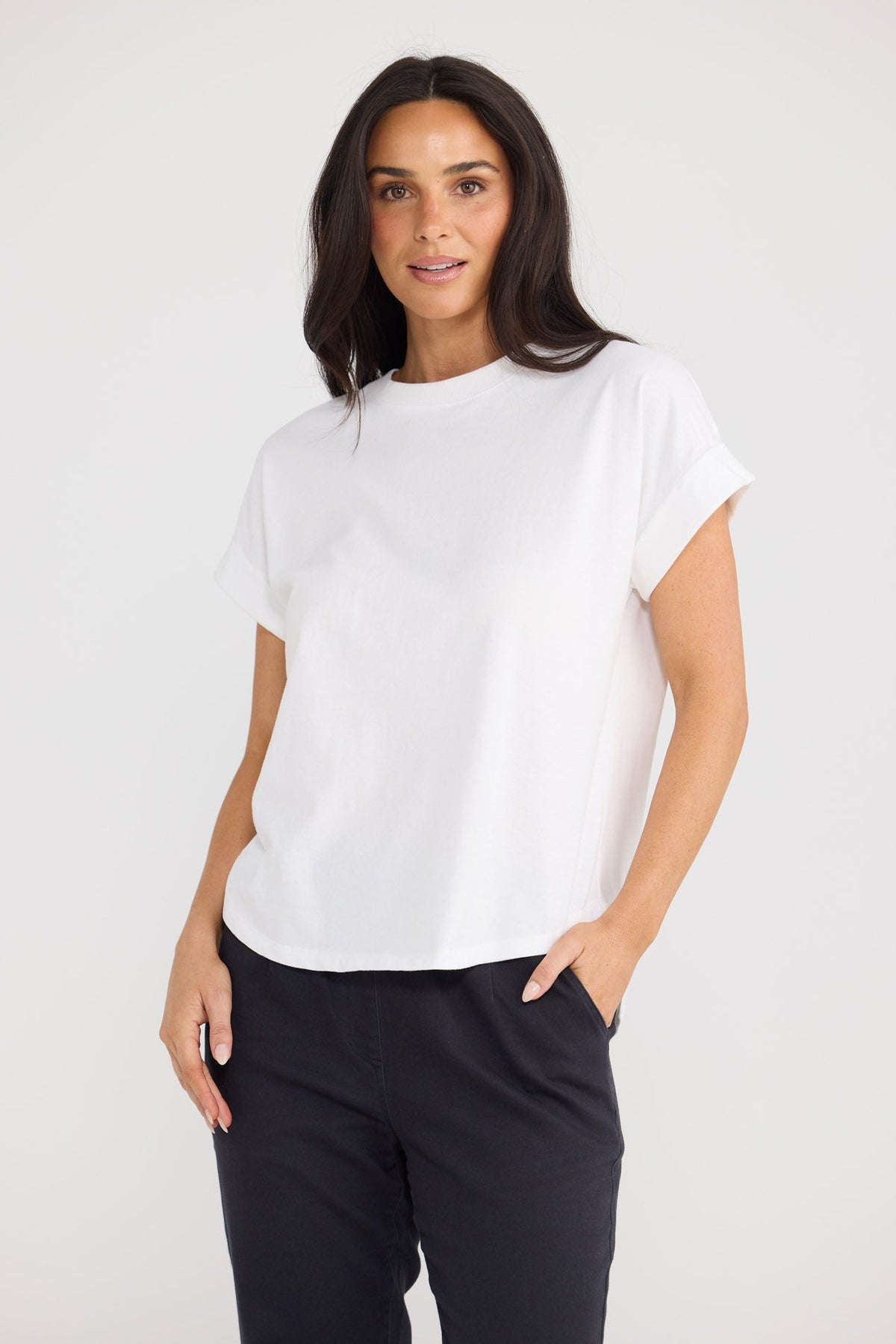 Model wearing Sandra Tee in White by Brave + True, view 5.