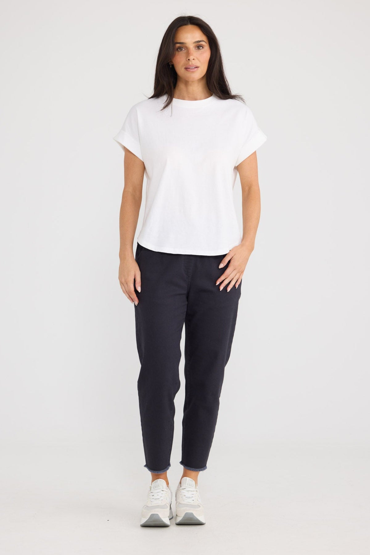 Model wearing Sandra Tee in White by Brave + True, view 2.