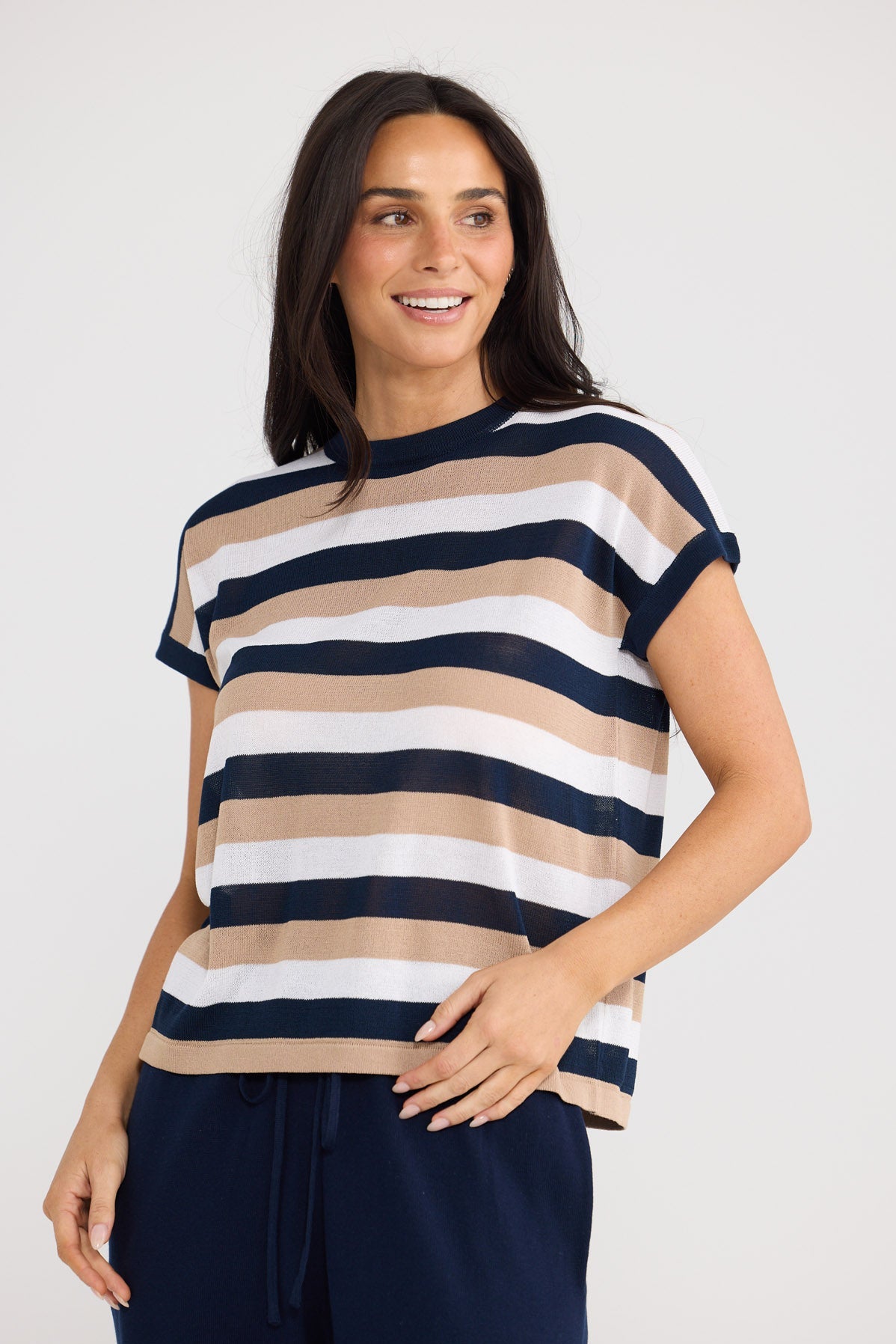 Model wearing Rosalie Tee in Navy Multi Stripe by Brave + True, view 3.