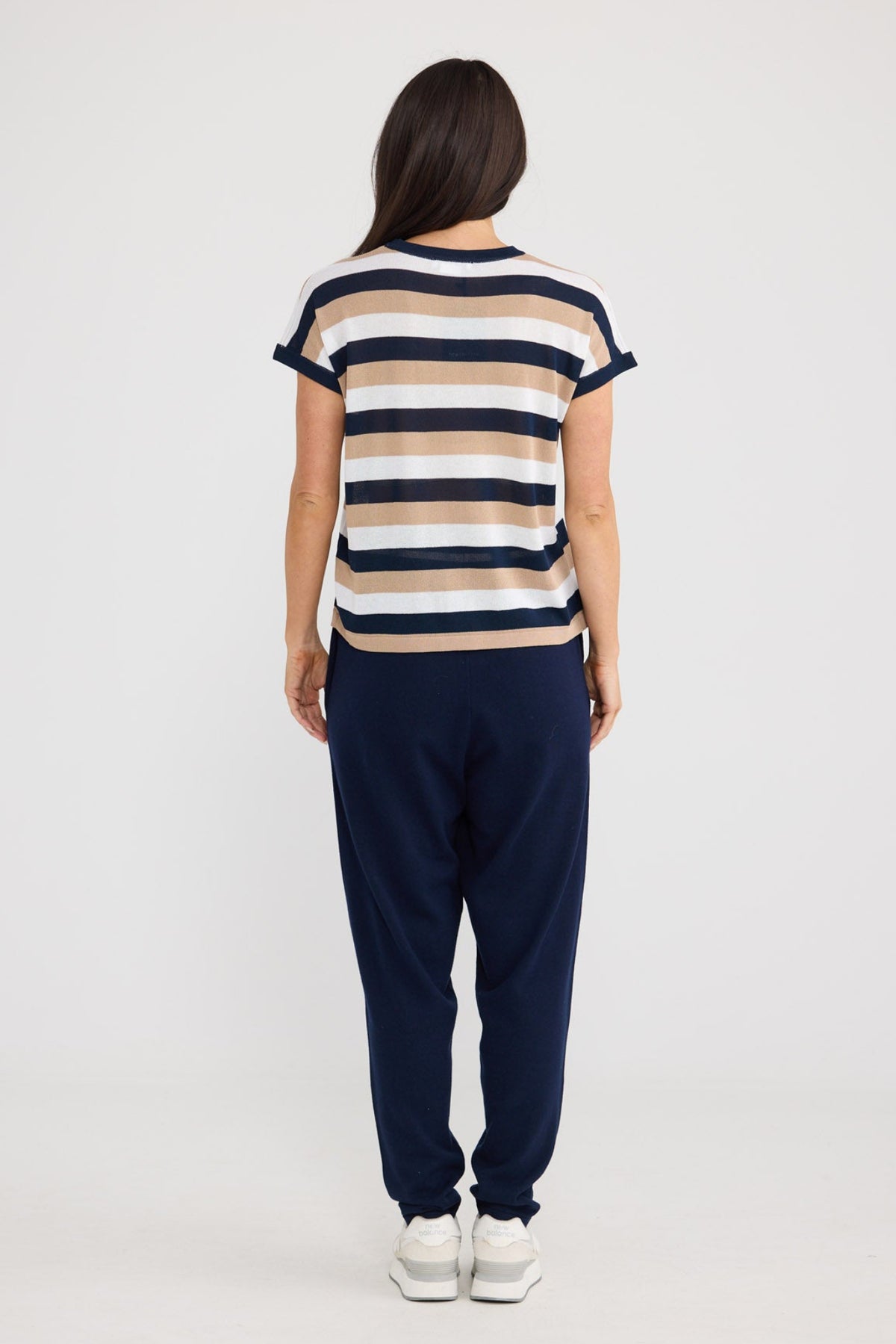 Model wearing Rosalie Tee in Navy Multi Stripe by Brave + True, view 2.