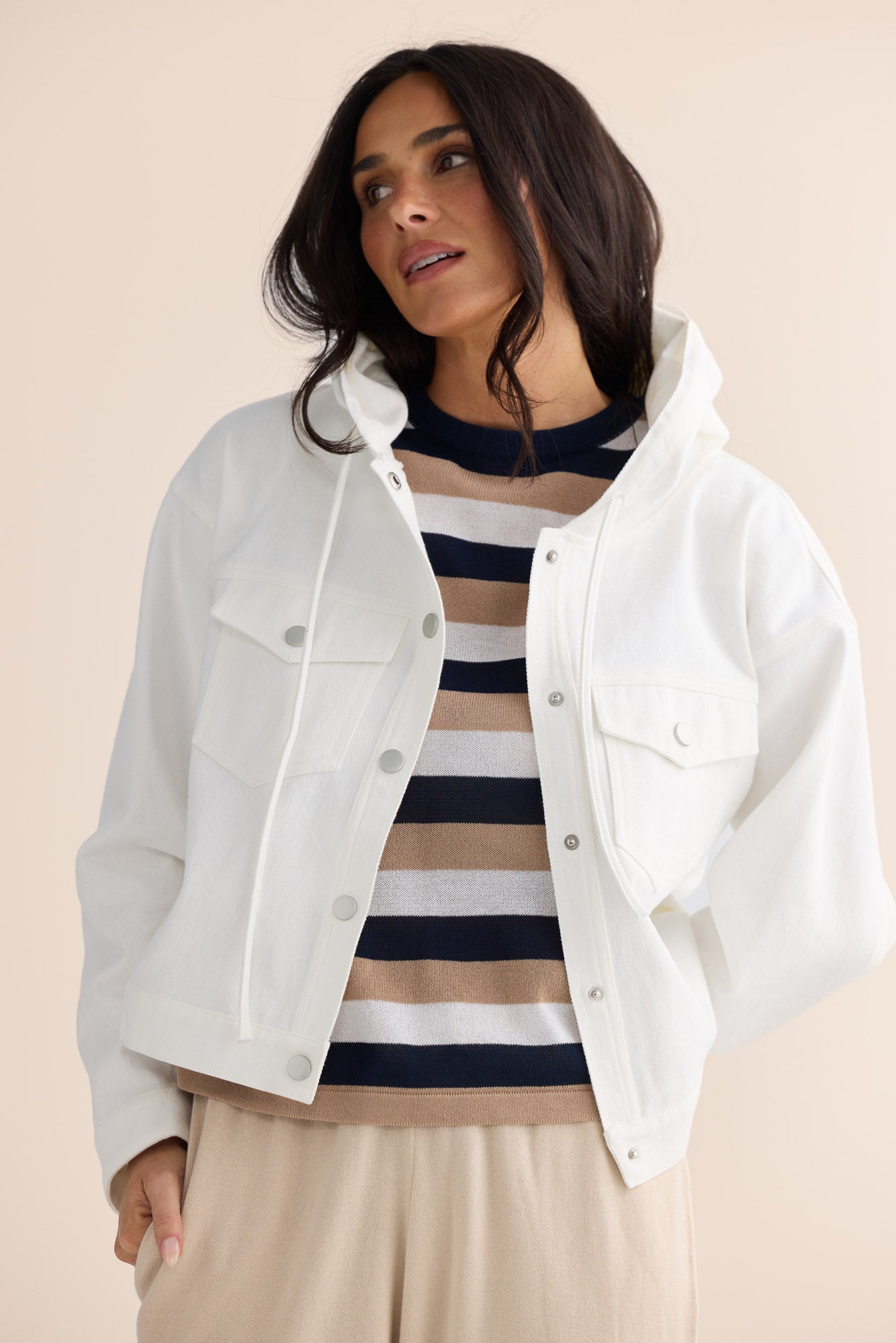 Model styling Rosalie Tee in Navy Multi Stripe by Brave + True, campaign lifestyle look 3.