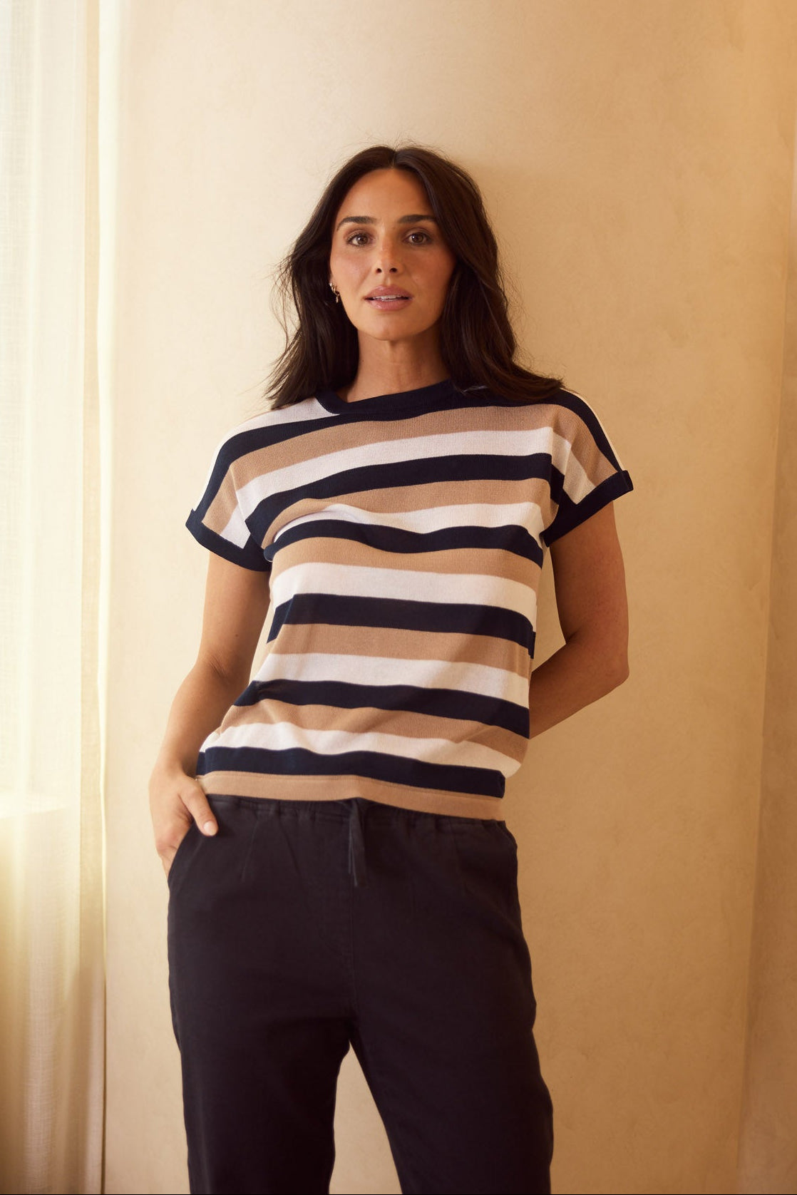 Model styling Rosalie Tee in Navy Multi Stripe by Brave + True, campaign lifestyle look 2.