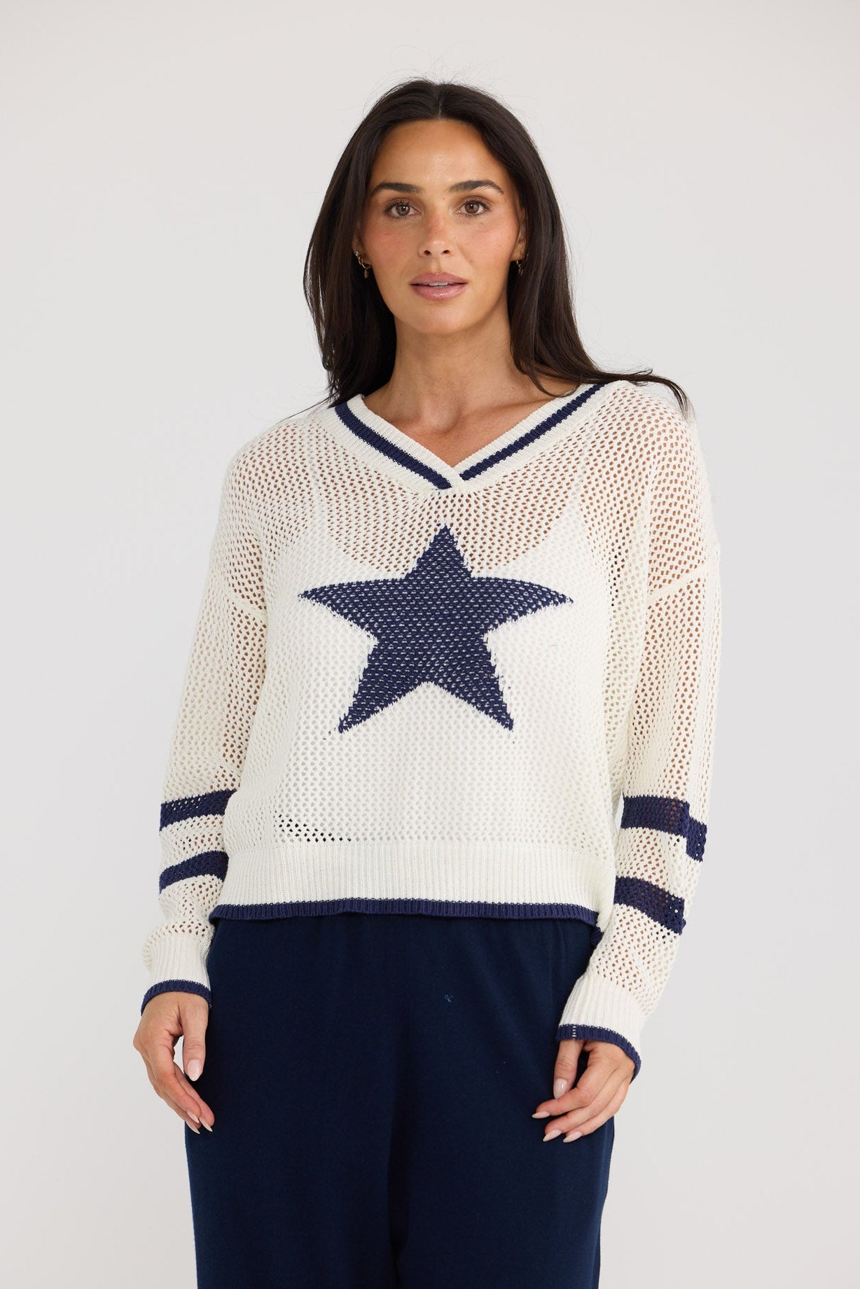 Model wearing McKinney Knit in White W Navy by Brave + True, view 4.