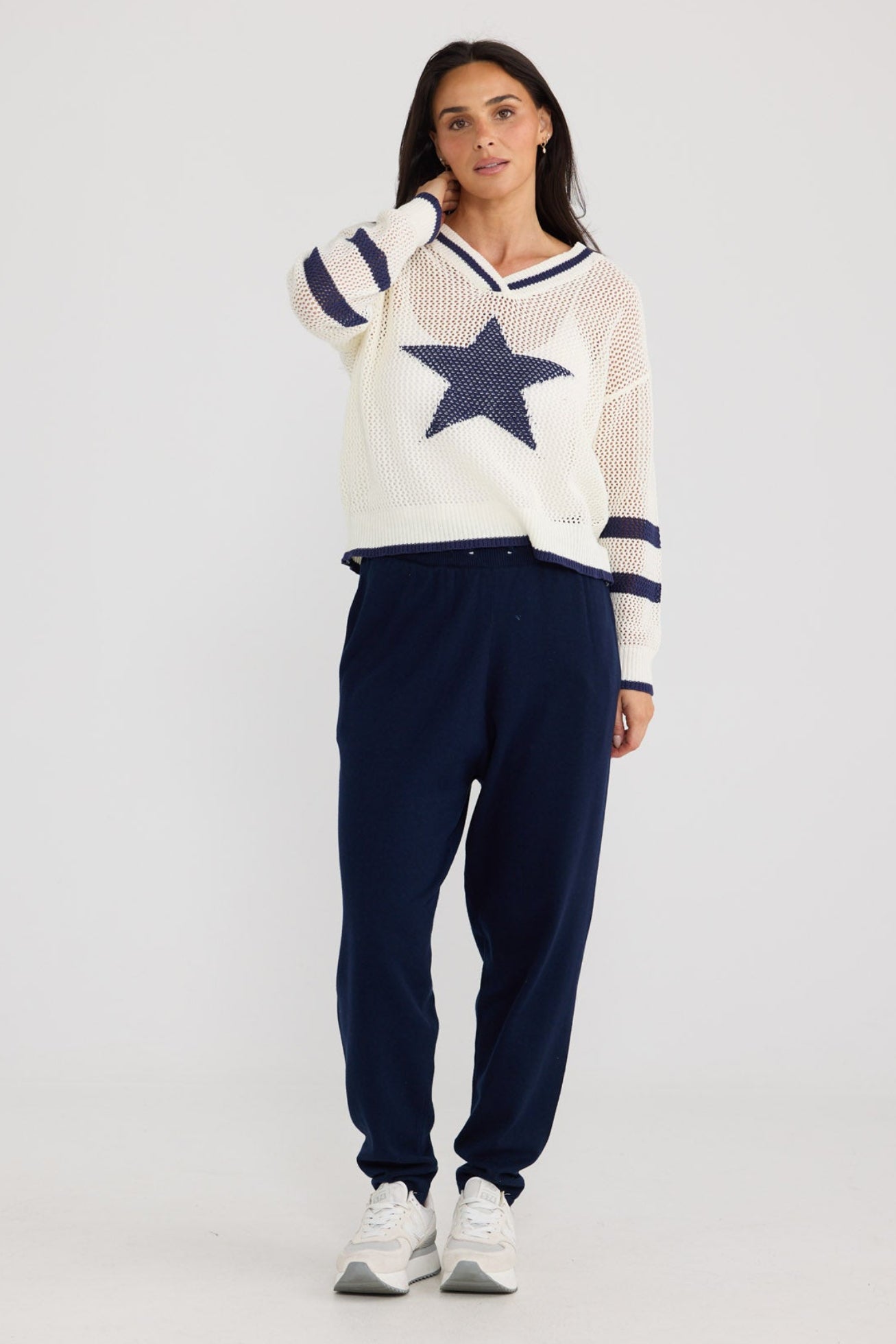 Model wearing McKinney Knit in White W Navy by Brave + True, view 2.