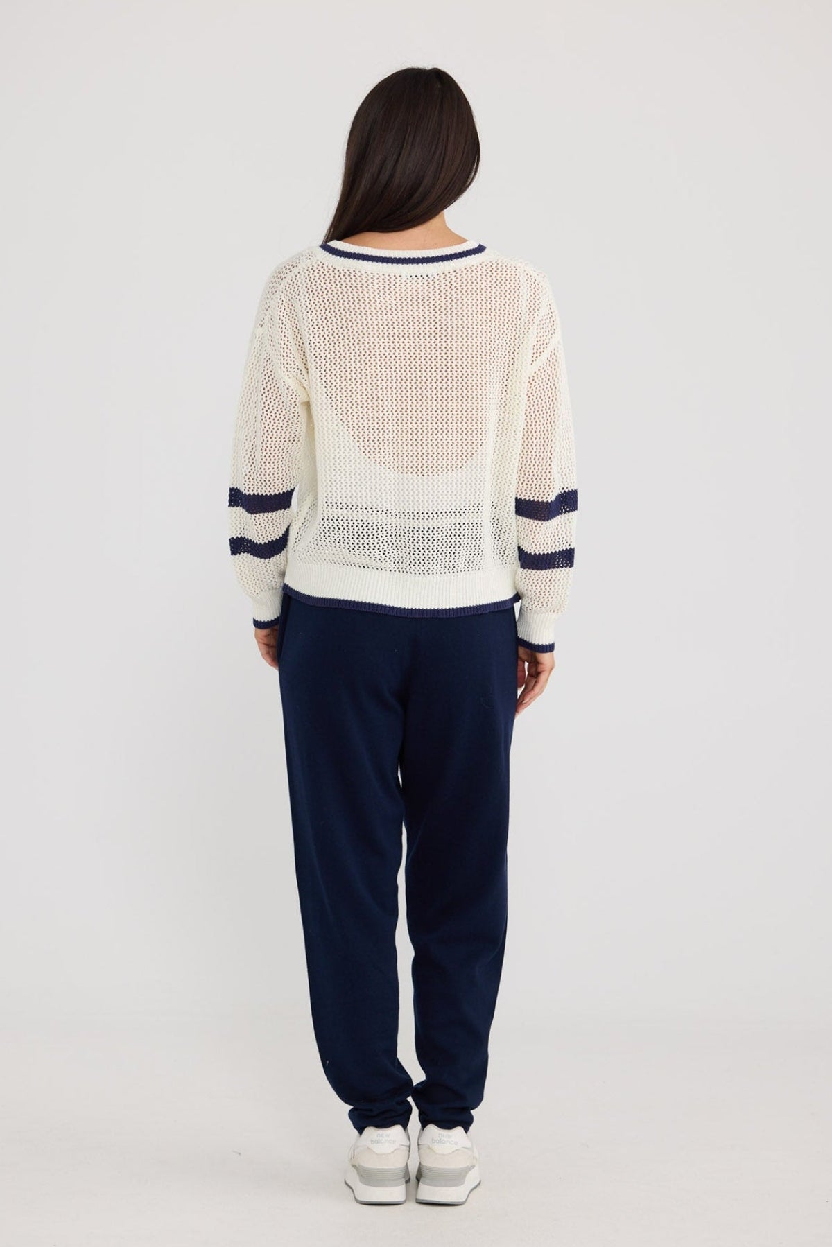 Model wearing McKinney Knit in White W Navy by Brave + True, view 3.