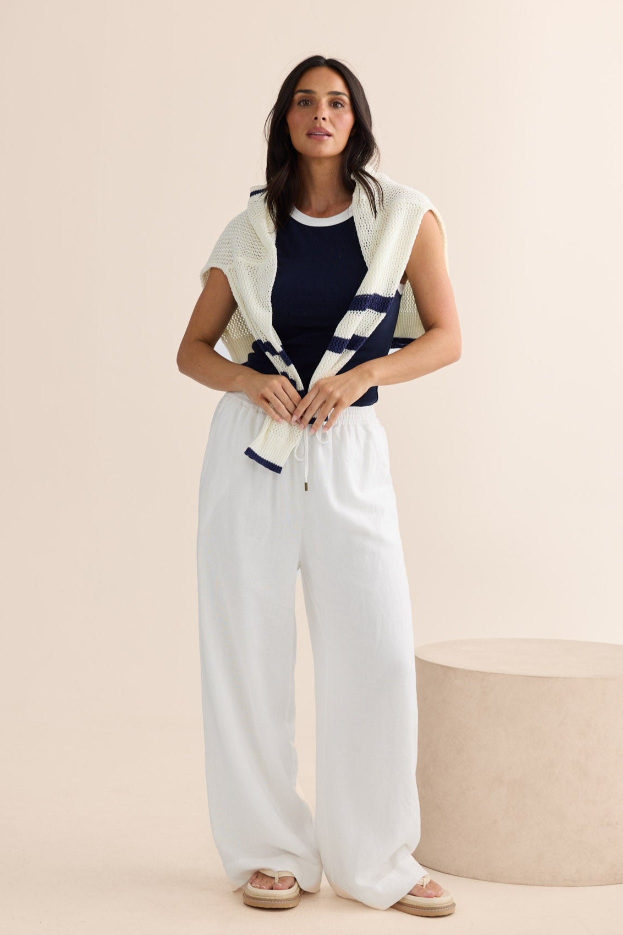 Model styling McKinney Knit in White W Navy by Brave + True, campaign lifestyle look 2.