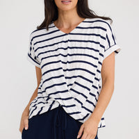 Model wearing Rapture Tee in Navy White Stripe by Brave + True, view 3.